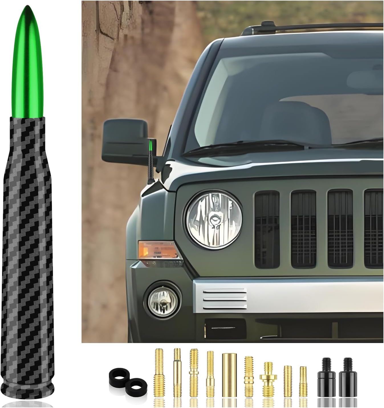 Car Bullet Antenna with 13 Car Antenna Replacement Accessories,Truck Antenna Decoration Compatible with Chevrolet Dodge Toyota GMC Jeep Ford (Green)