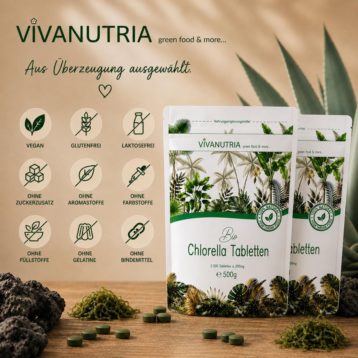 VivaNutria Bio Chlorella Tabletten 1000g | 5000 Presslinge | 100% reine Bio Algen-Tabletten ohne Zusätze | 6-Monats-Packung | hochdosiert | biozertifiziert | Zip-Beutel | vegan