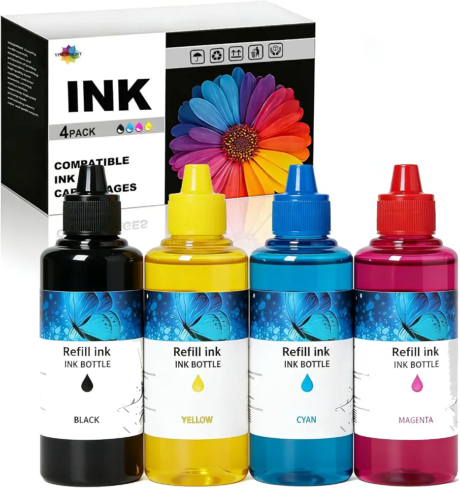 Compatible 400mL Printer Ink Refill Bottles Replacement for HP 652 305 650 123 653 651 682 Printer Ink Universal Bottles,4 Pack(Black Cyan Magenta Yellow)