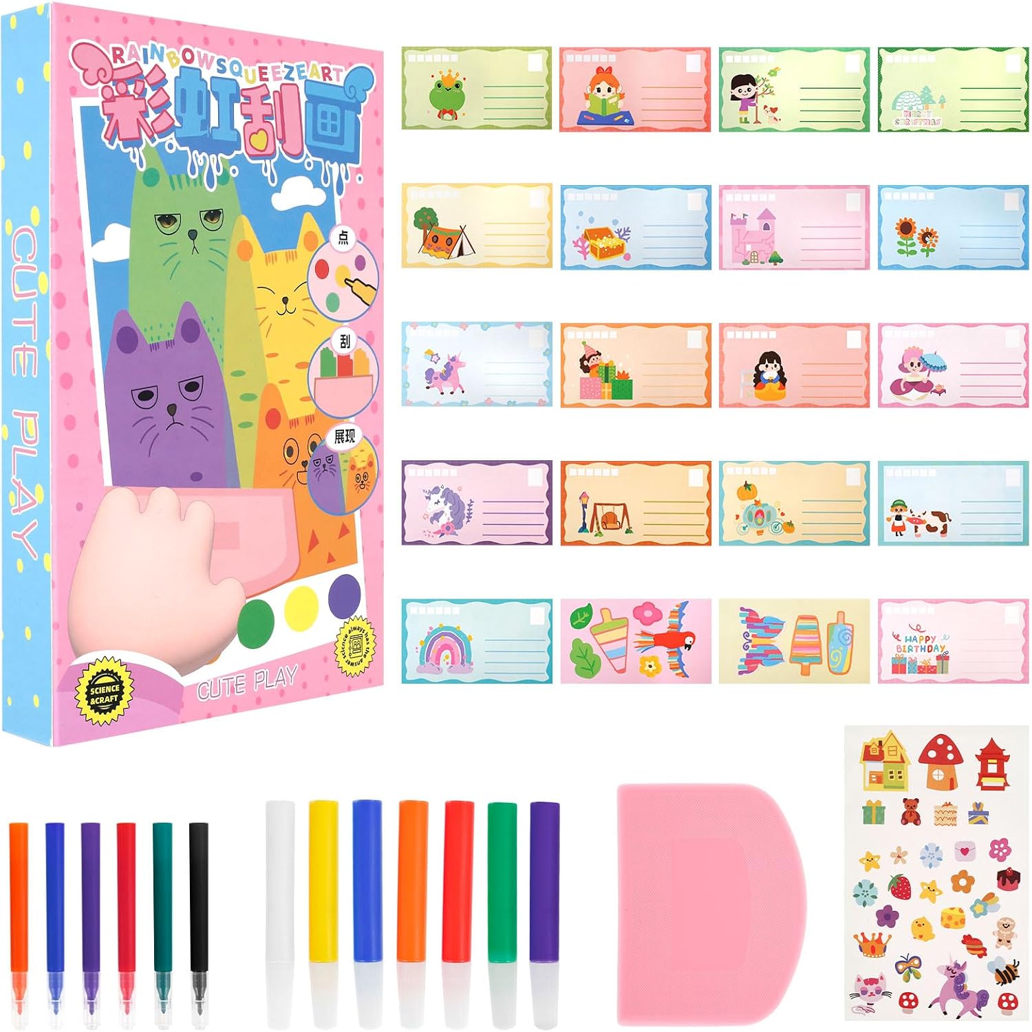 UKQRRTC DIY Scratches Art for Party Activities, Creative Postcard Design, Scratch Painting Kit, Novelty Squeegee Art Kit with Multi Color Pigments for Adults Kids(2 Set)
