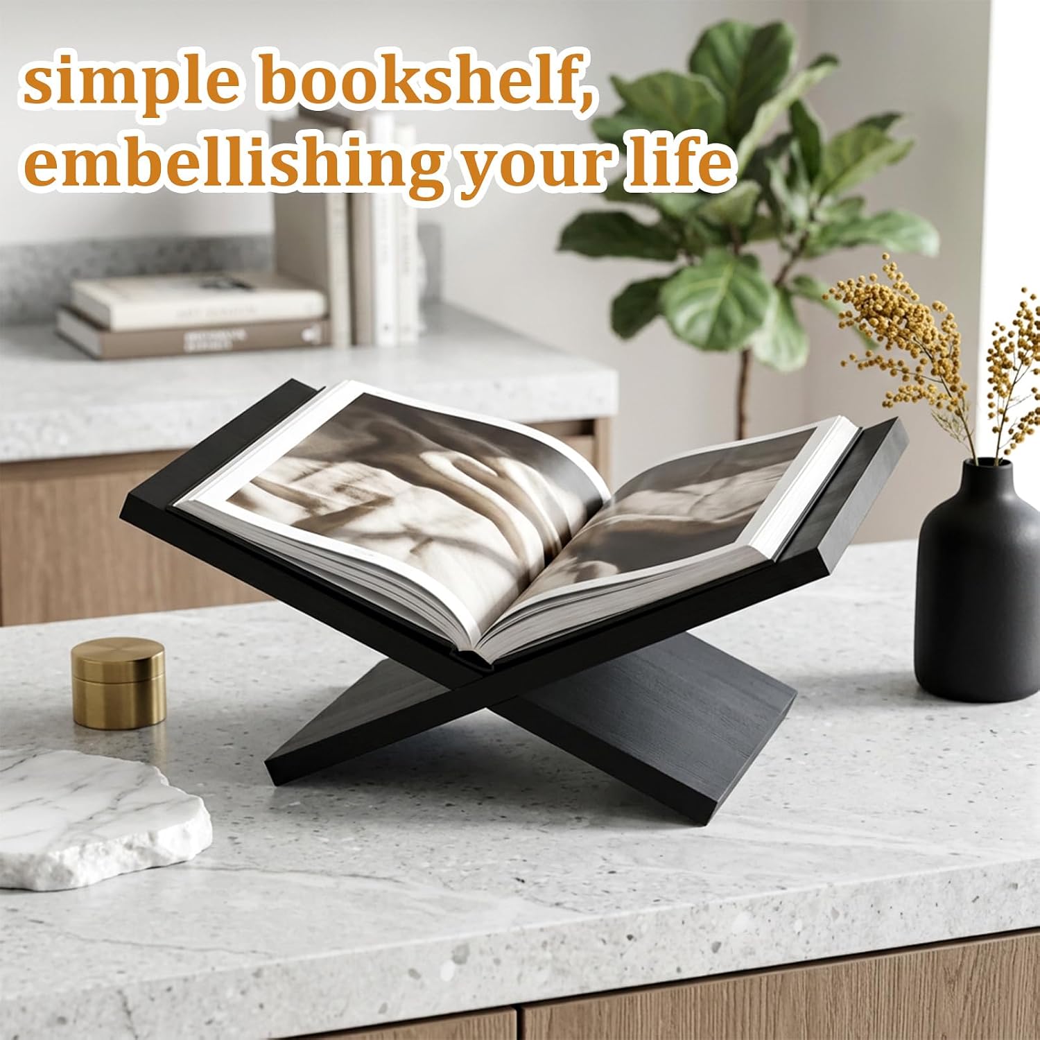 Open Book Stand, Large Wooden Book Holder for Desktop Decorative Display and Reading 15.4" X 9.3" X 5.1" Textbook Holder Books Holders Stand for Bible, Cookbook, Easel, Magazine, Textbooks-Black,
