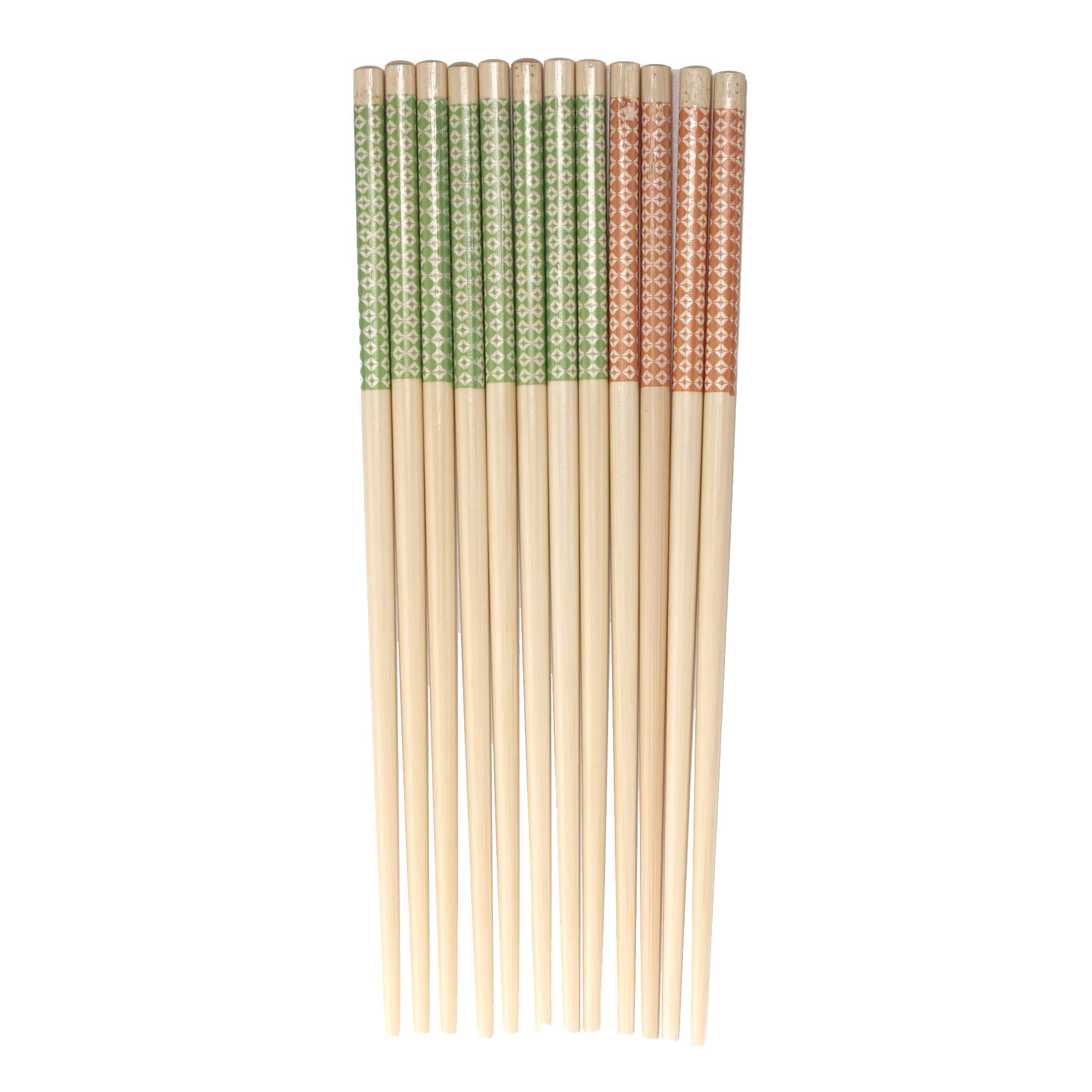 BambooMNBrand - Premium Grade 9.5" Decorative Bamboo Diamond Checker Pattern Chopsticks - Green and Orange - 6 Pairs