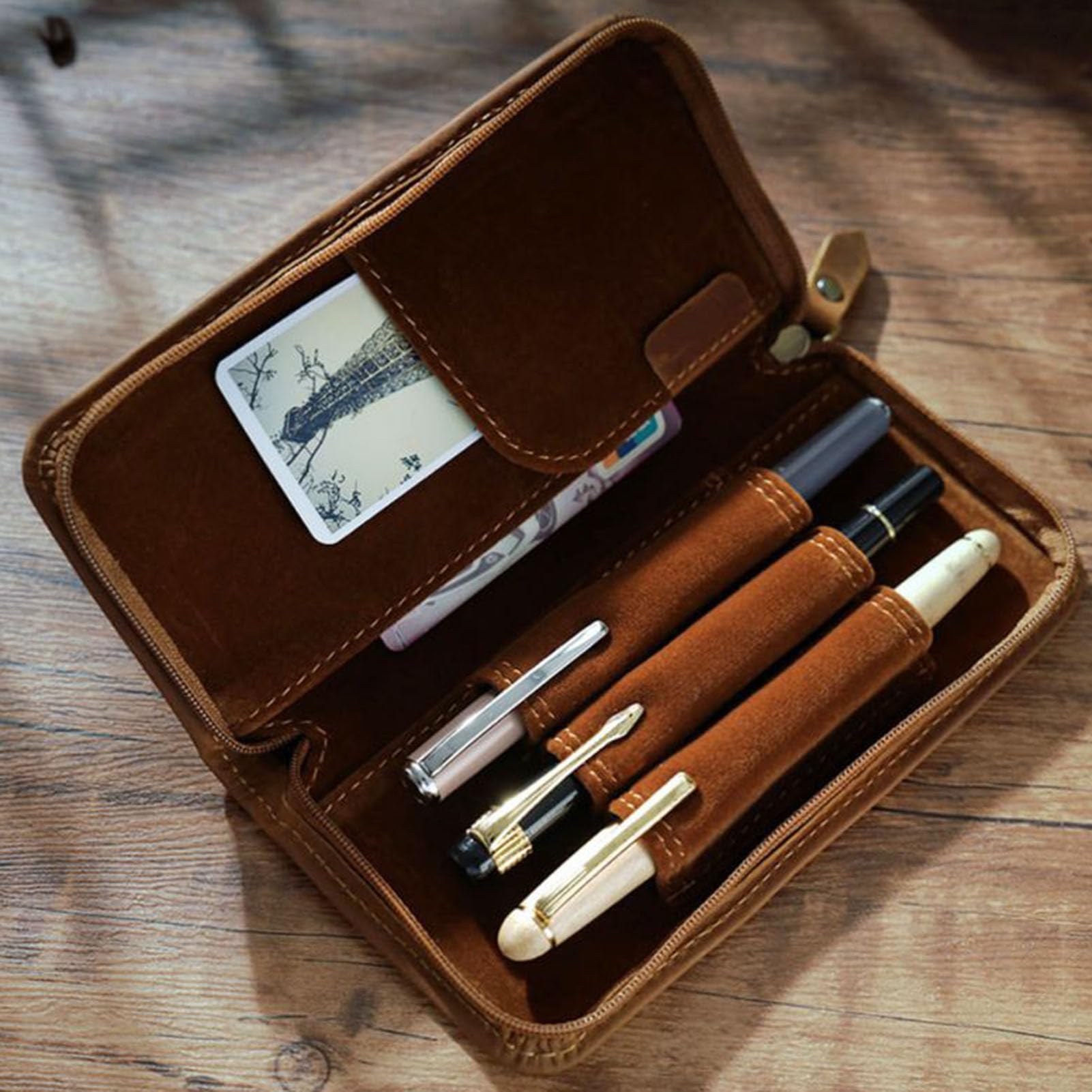 Astuccio In Pelle Borsa Organizer Vintage Con 3 Scomparti | Astuccio per Penne per Ufficio Scuola Studio Disegno Journaling Schizzo Viaggio Casa