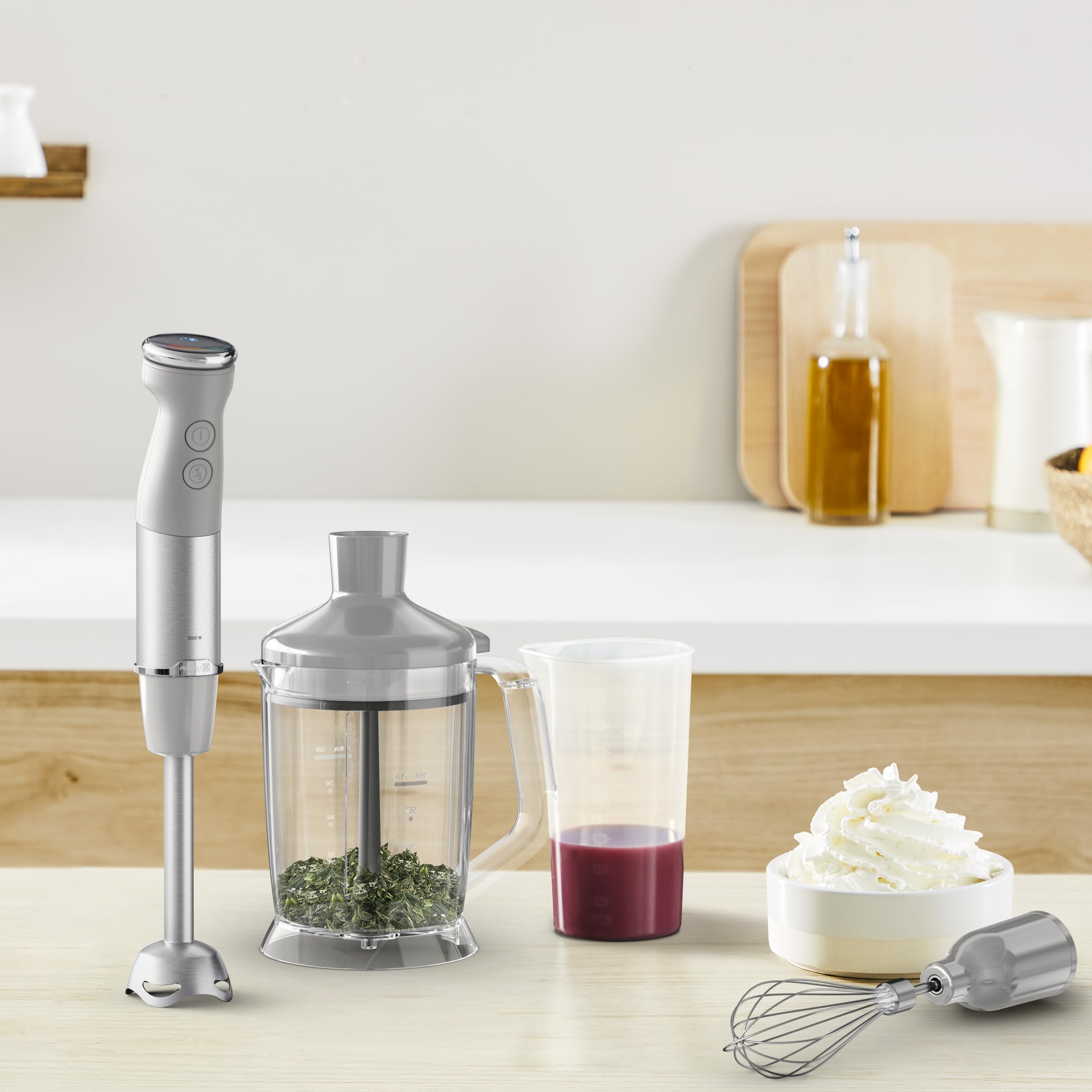 Tefal Quickchef+ HB67MB30 5w1 Blender ręczny XL/rozdrabniacz/trzepaczka/zagniata ciasta/kruszy lód, 1000 W, płynna regulacja prędkości, przycisk Turbo, technologia Powelix, stal nierdzewna, szary