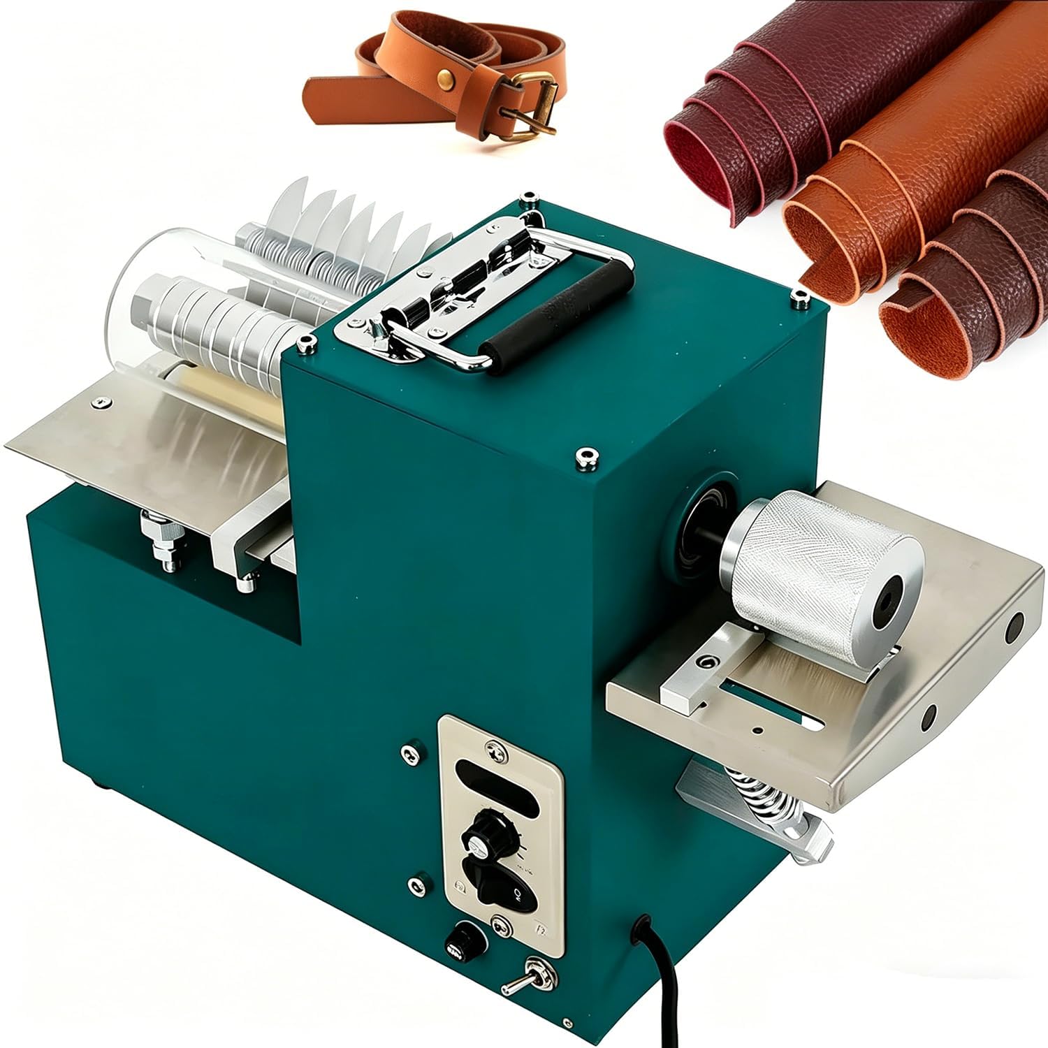 Taglia-cuoio elettrico a doppia testa, taglierina professionale per laminazione e taglio di cinturini, design pieghevole compatto.