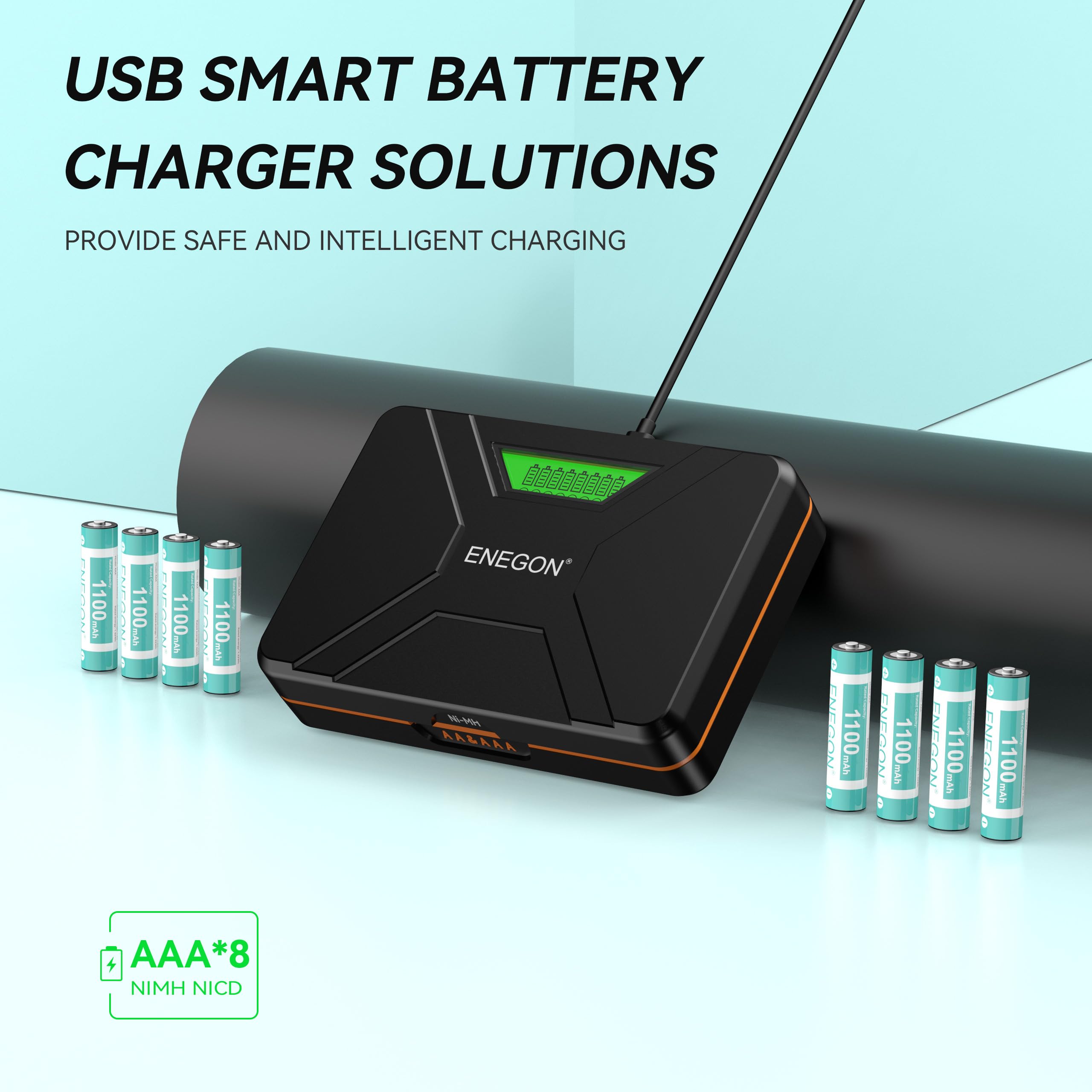 ENEGON Cargador Rápido 8 Ranuras para Pilas AA/AAA con Pantalla LCD + 8 Pilas AAA Ni-MH (1100mAh), Estación USB-C de Carga y Almacenaje – para Mandos a Distancia, Termómetros y Electrónica