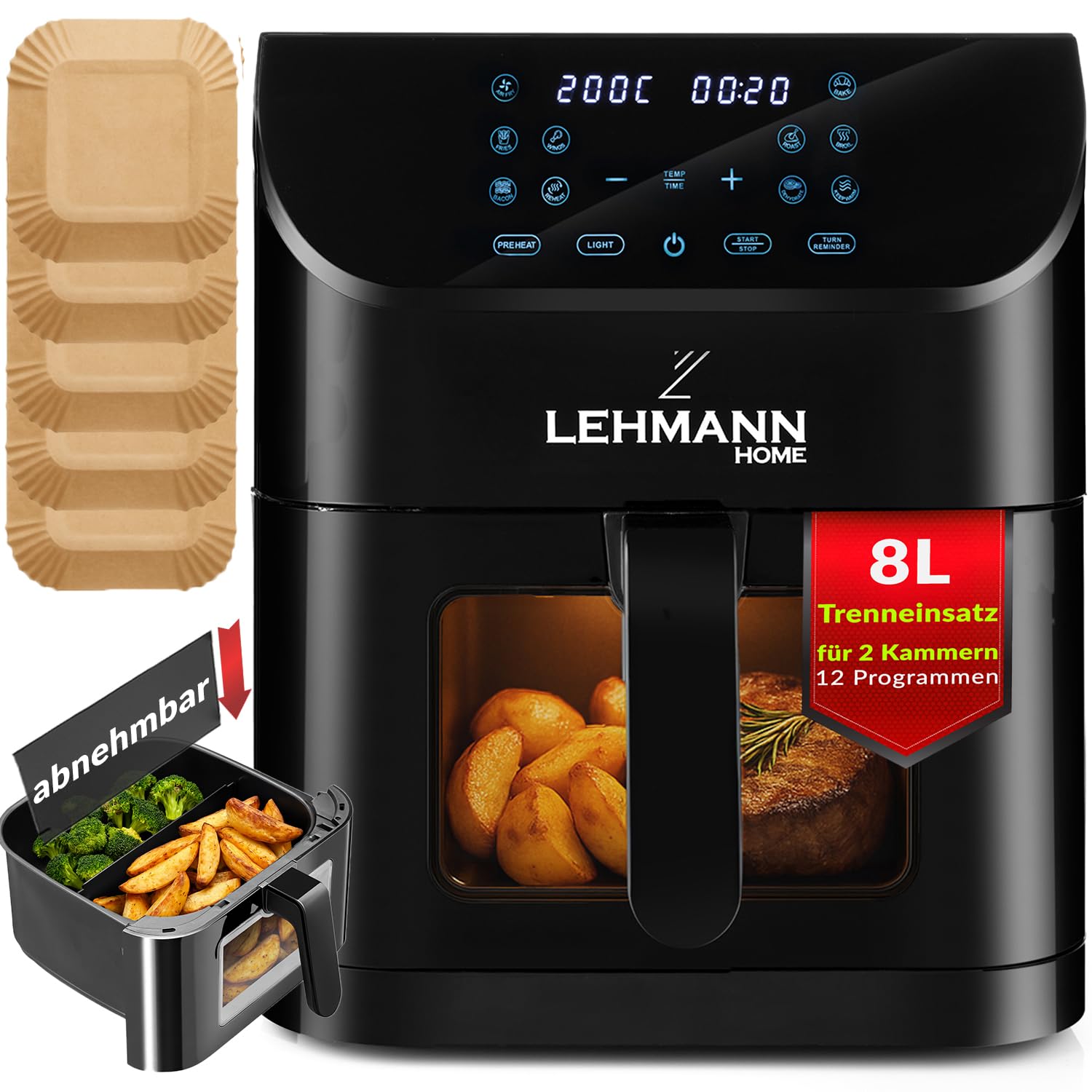 LEHMANN Friggitrice ad Aria 8 Litri, Air Fryer XXL con Inserto Divisorio per Doppio Scomparto, Finestra di Visualizzazione, 12 Programmi & Regolazione Manuale 76–200°C, Lavabile in Lavastoviglie