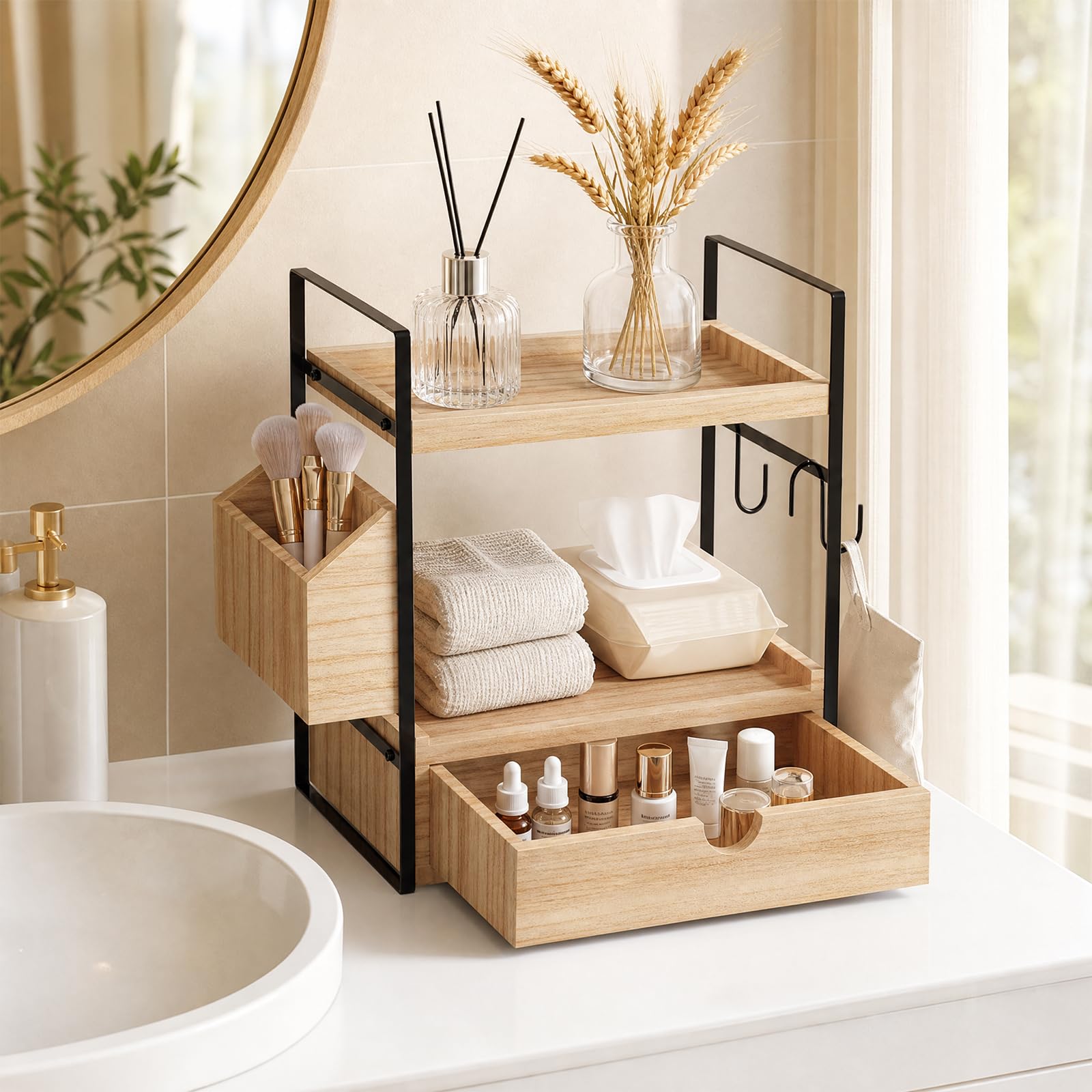 Organizer da bagno con cassetto e cesto, scaffale da bagno a 2 livelli in legno per lavabo, toeletta e cucina, scaffale da tavolo impermeabile con ganci, stabile struttura in metallo, 33 x 17