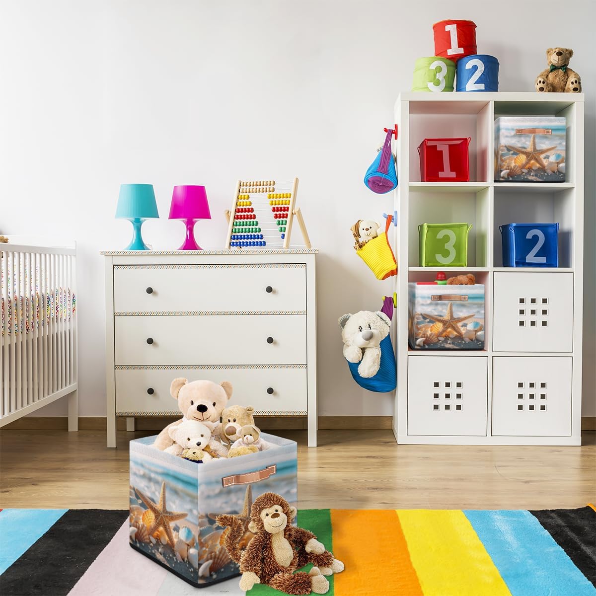 13" Summer Beach Storage Basket Bin Starfish Large Fabric Toys Storage Cube Box with Handles Collapsible Closet Shelf Cloth Organizer Basket for Nursery Bedroom Bathroom