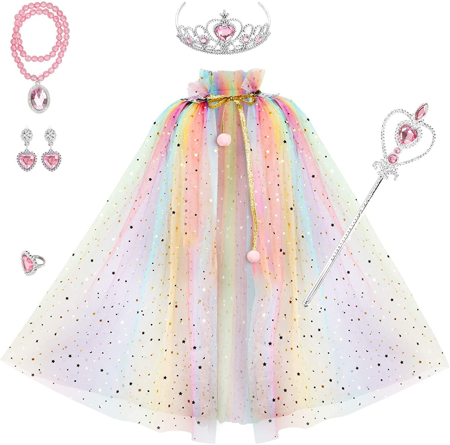 7Pcs Princess Party Set Glitter Cloak Tiara Wand Necklace Earrings Bracelet Ring for Birthday Celebration Halloween Costume Photo Booth Props Cosplay Accessories(Pink)