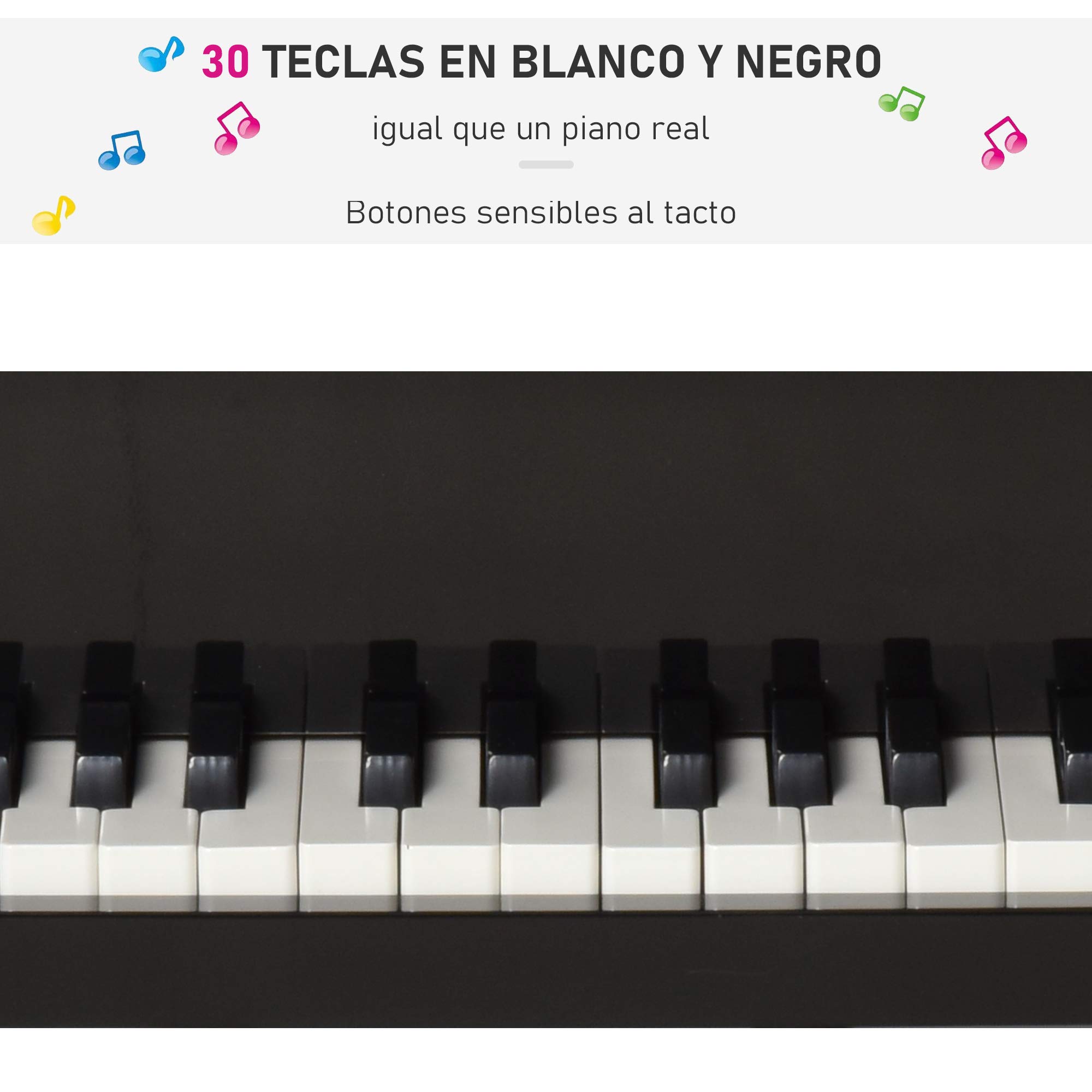 HOMCOM Piano de Cola Infantil de Madera con 30 Teclas Taburete y Atril de Partituras Piano para Niños Instrumento Musical Didáctico 52x50x49 cm Negro