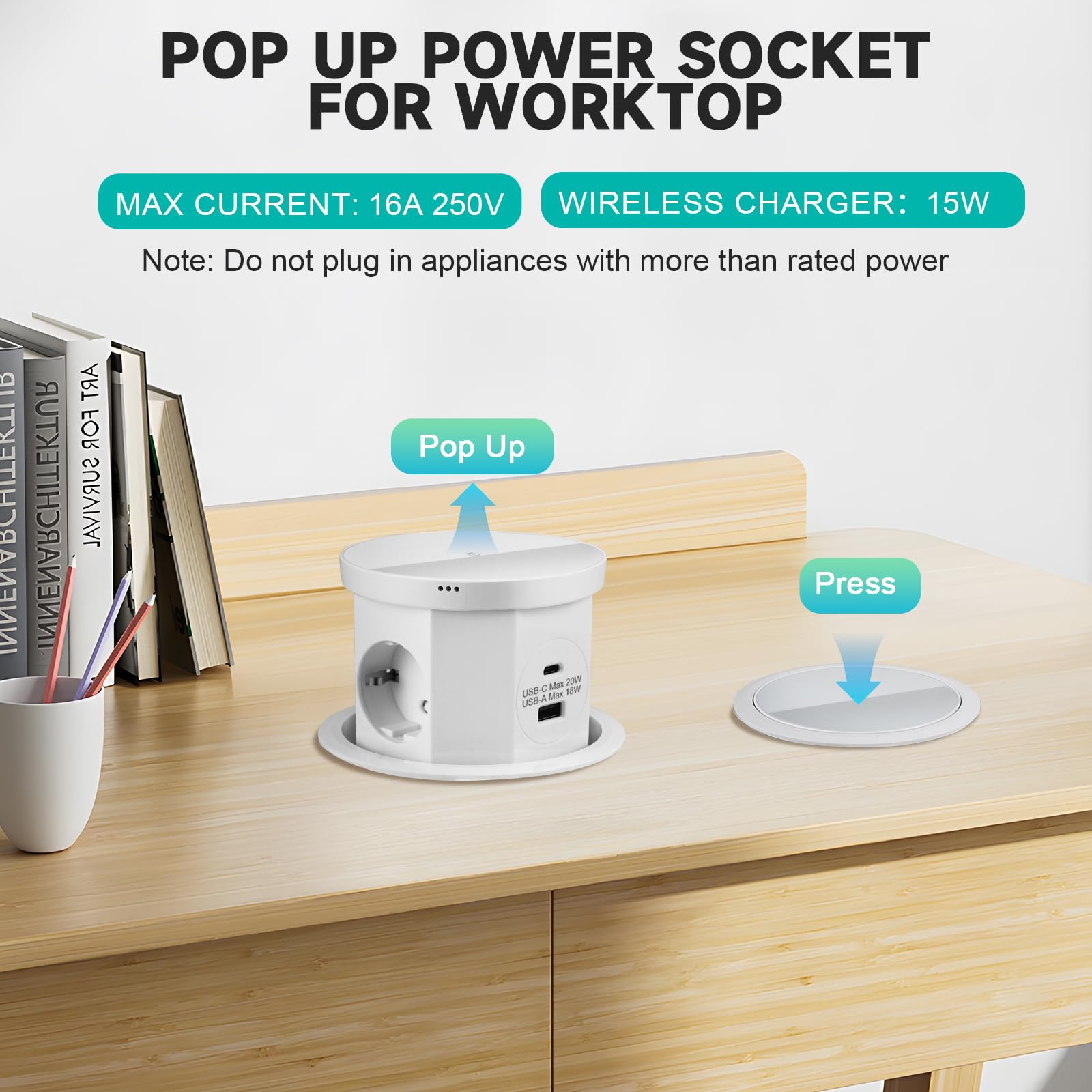 Bloc Prise Encastrable Plan de Travail Multiprise Encastrable, Prise de Table Escamotable 3 Prises avec 1 USB C 1 USB A - Table Rétractable - avec Chargeur sans Fil (Blanc)
