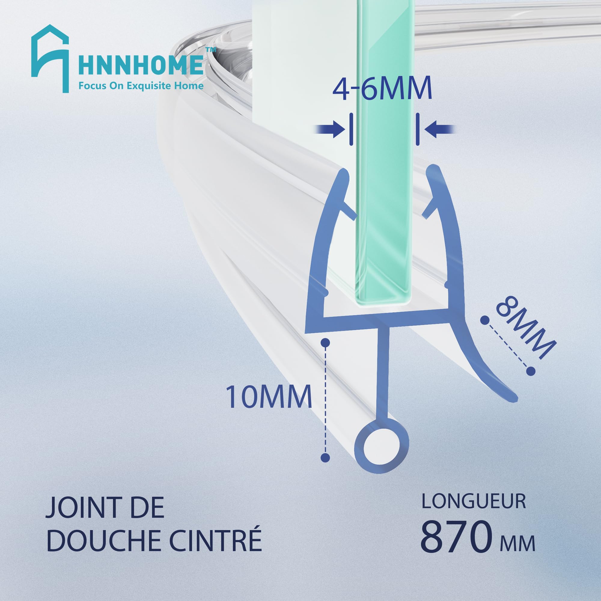 HNNHOME Joint d'étanchéité Pré-courbé Pour Porte en Verre 4-6 mm Écart 10mm | Joint porte douche pour paroi et cabine en verre, Anti-fuite efficace et un remplacement rapide sans outils