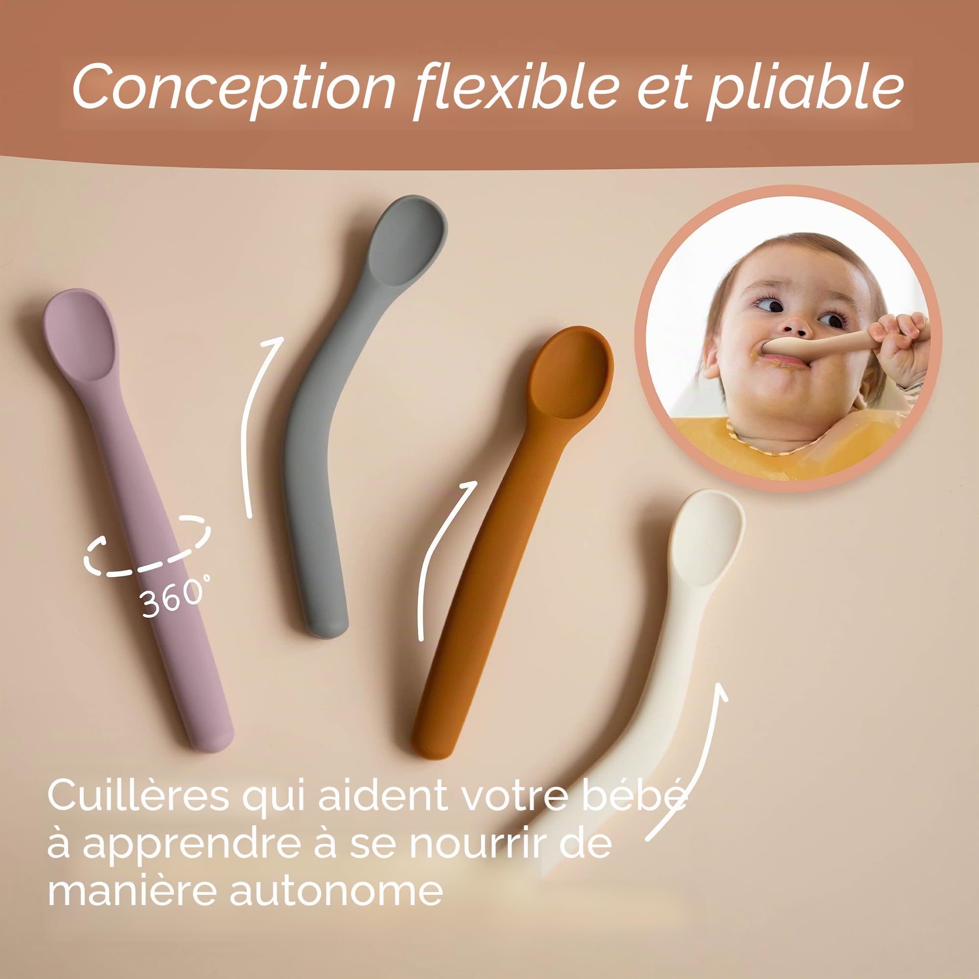 Moonkie Set Repas Bébé, 4 Cuillères Souples & 2 Assiettes À Ventouse Avec Fourchette, Cuillère Et Couvercle
