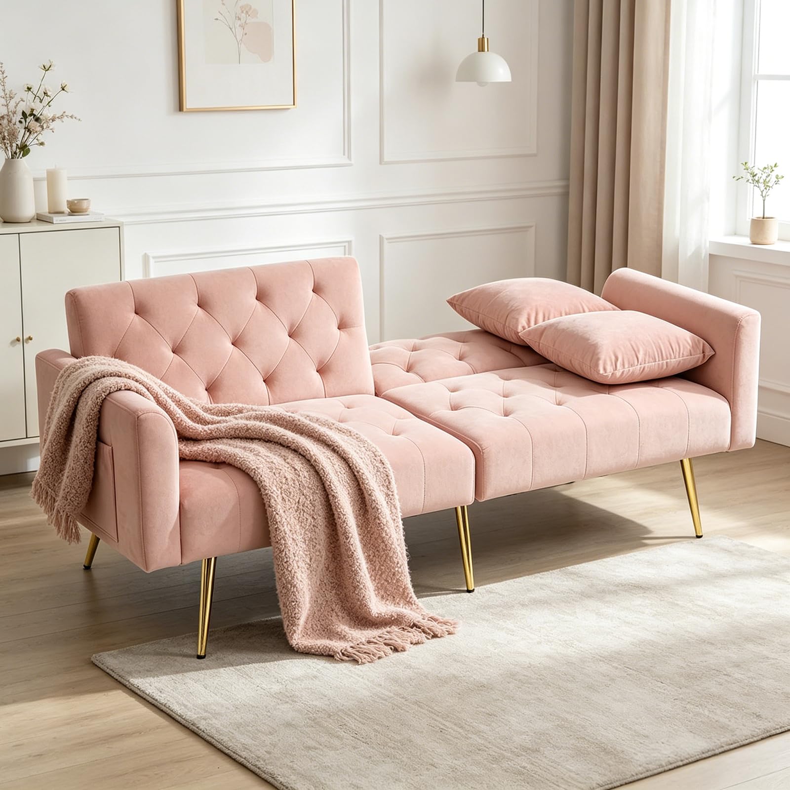 DRIXNO Schlafsofa mit Schlaffunktion, Klappsofa Sofa 3 Sitzer, 3-stufige Verstellbare Rückenlehne, 2 Beigelegte Kissen, Samtstoffe Zweiersofa, Für Wohnzimmer, Büro, Lounge, Schlafzimmer, Rosa