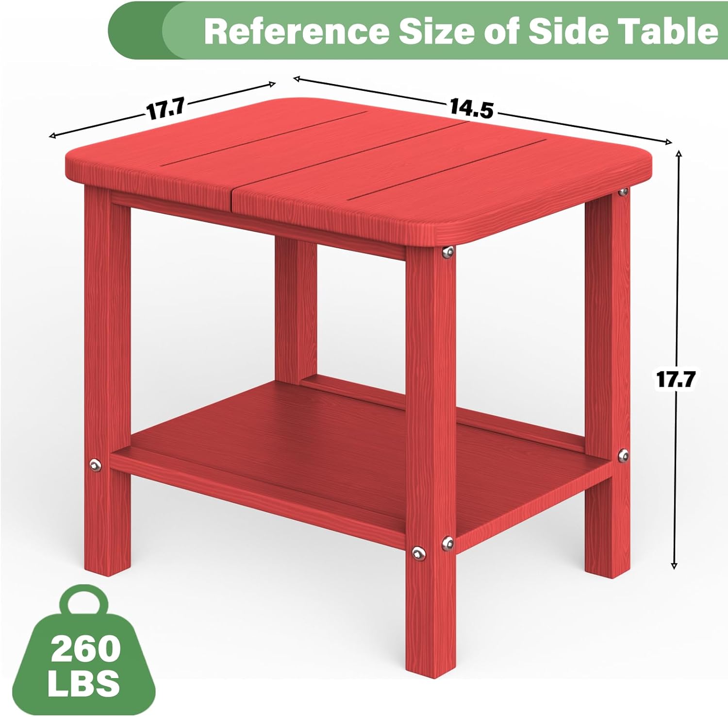 Patio Side Table, Small Rectangular HDPE Adirondack End Table for Outdoor Use in Pool, Garden, Lawn, Backyard,Red