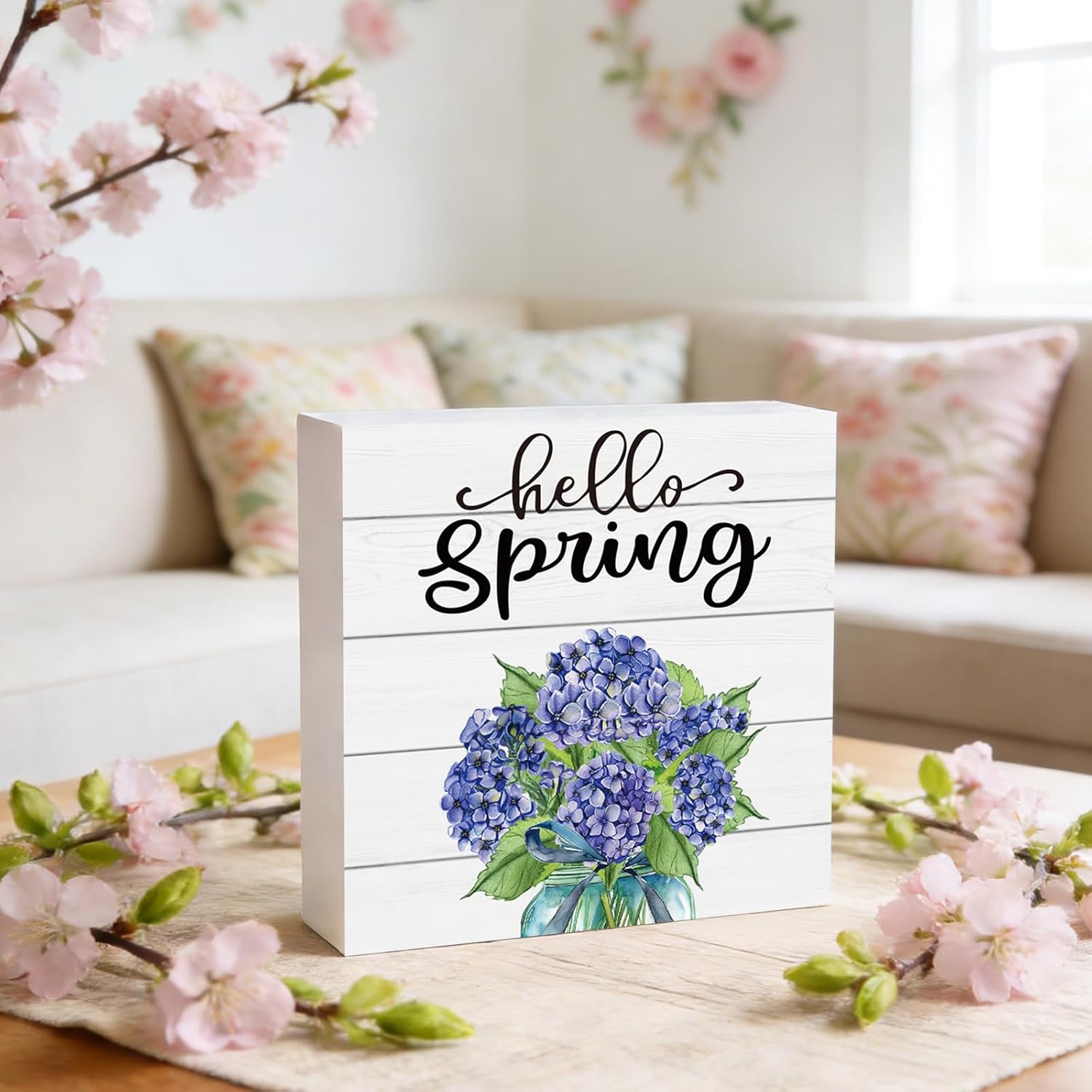 Spring Table Decor Spring Decorations Indoor Hydrangea Home Room Office Bathroom Wood Box Sign Rustic Wooden Shelf Desk Decor Season Sign House Warming Gifts 5.9 x 5.9 Inch