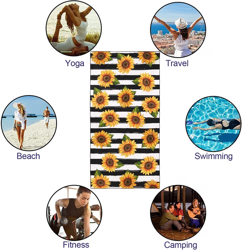 Sunflower Beach Towel Oversized 36"x72" Quick Dry Sand-Free, Black Bath Towels for Swim Pool Camping Travel - Image 4