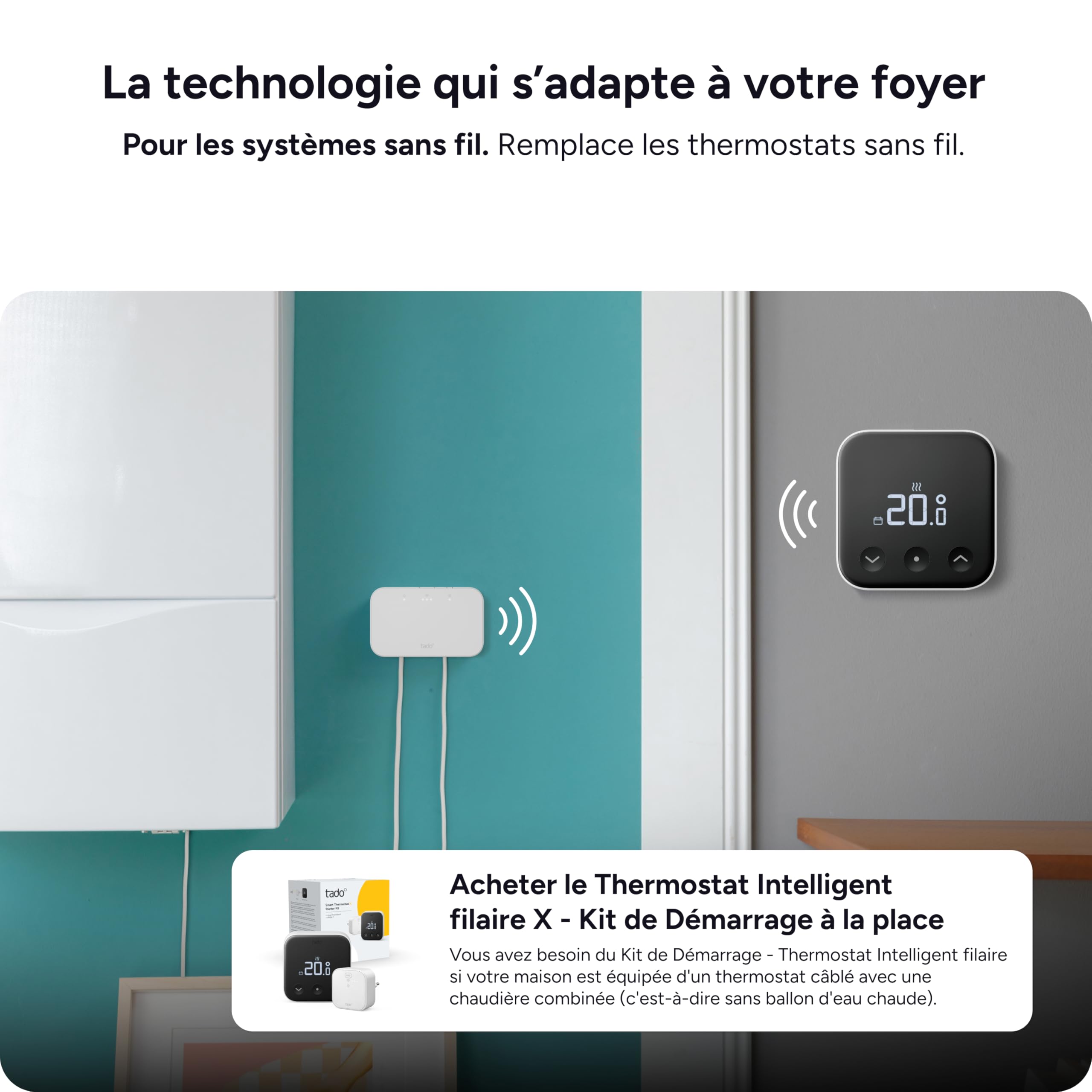tado° Thermostat X connecté sans fil, kit avec thermostat d’ambiance, Bridge X et support, commande via application et enceinte connectée (Alexa, Siri, Google Assistant), pas compatible avec tado° V3+
