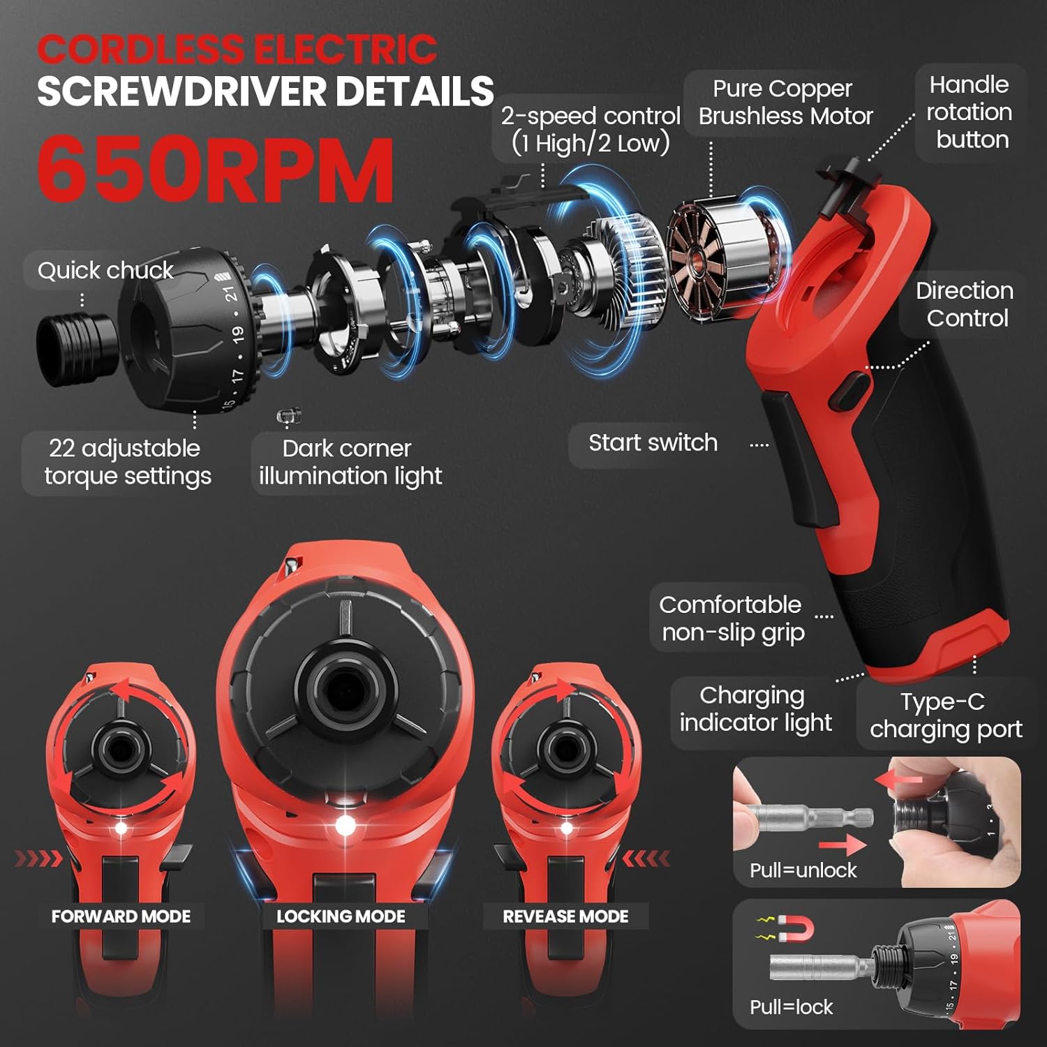 UNIWA Cordless Electric Screwdriver Rechargeable - 650 RPM Power Screwdriver Set, Cordless Drill Small Drill, Hand Drill Set, 7.1N.m, 38PCS Bits, 2000 mAh, 3.6 V Power Tools, Pivoting Handle (Red)