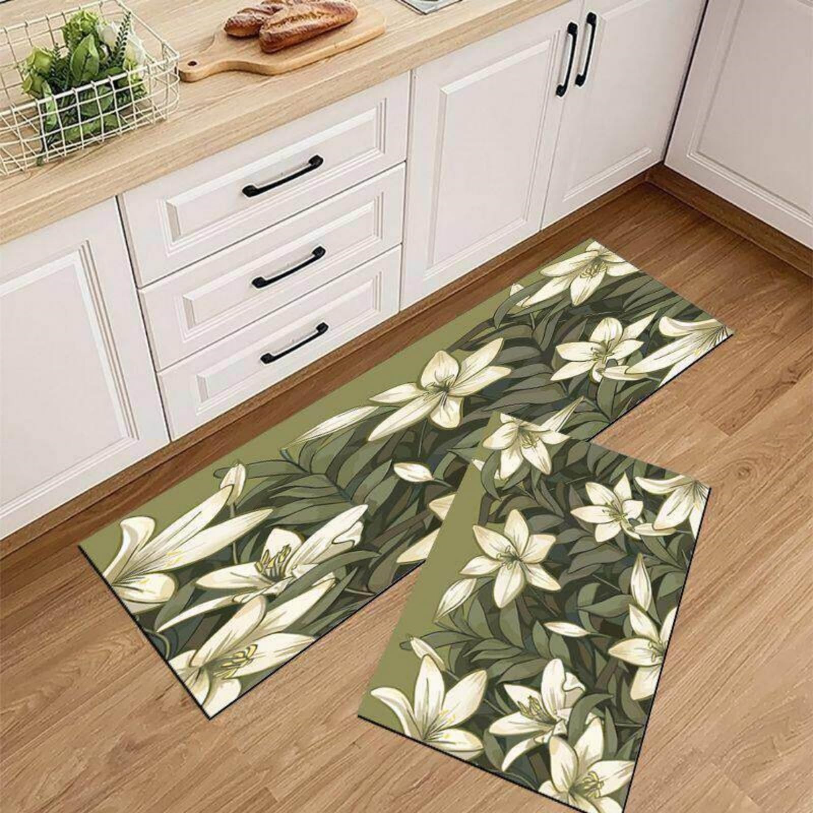 Alfombra de pasillo y cocina transitable: vinílica, antimanchas y lavable con plantas blancas