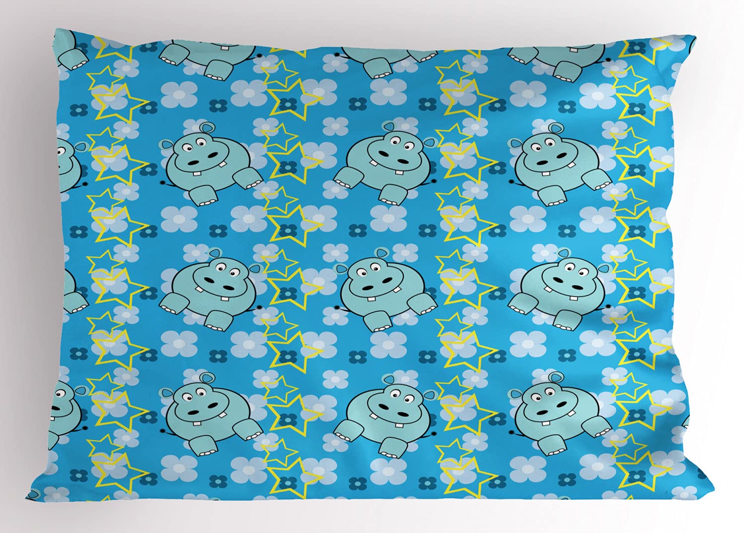 Ambesonne Yellow and Blue Pillow Sham, Funny Cartoon Hippopotamus with Stars and Daisy Flowers, Decorative Standard Queen Size Printed Pillowcase, 30