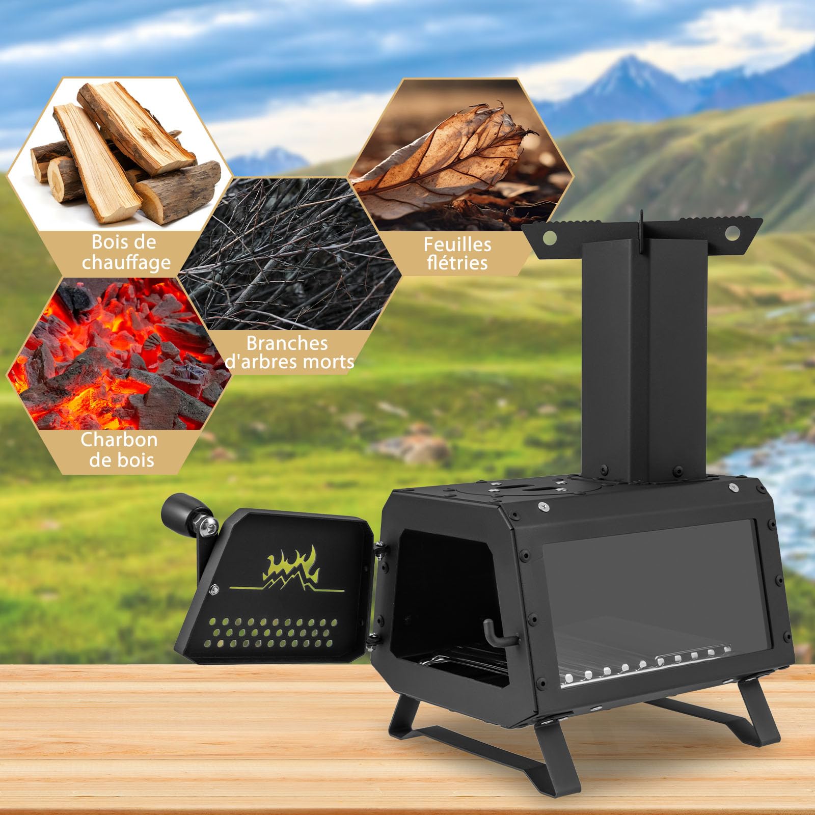 GOPLUS Mini Poêle à Bois Portable, Four à Bois Pliable de Camping avec 2 Positions de Cuisson, Poignée & Fenêtre Visuelle en Verre, pour Extérieur Pique-Nique BBQ Camping Randonnée