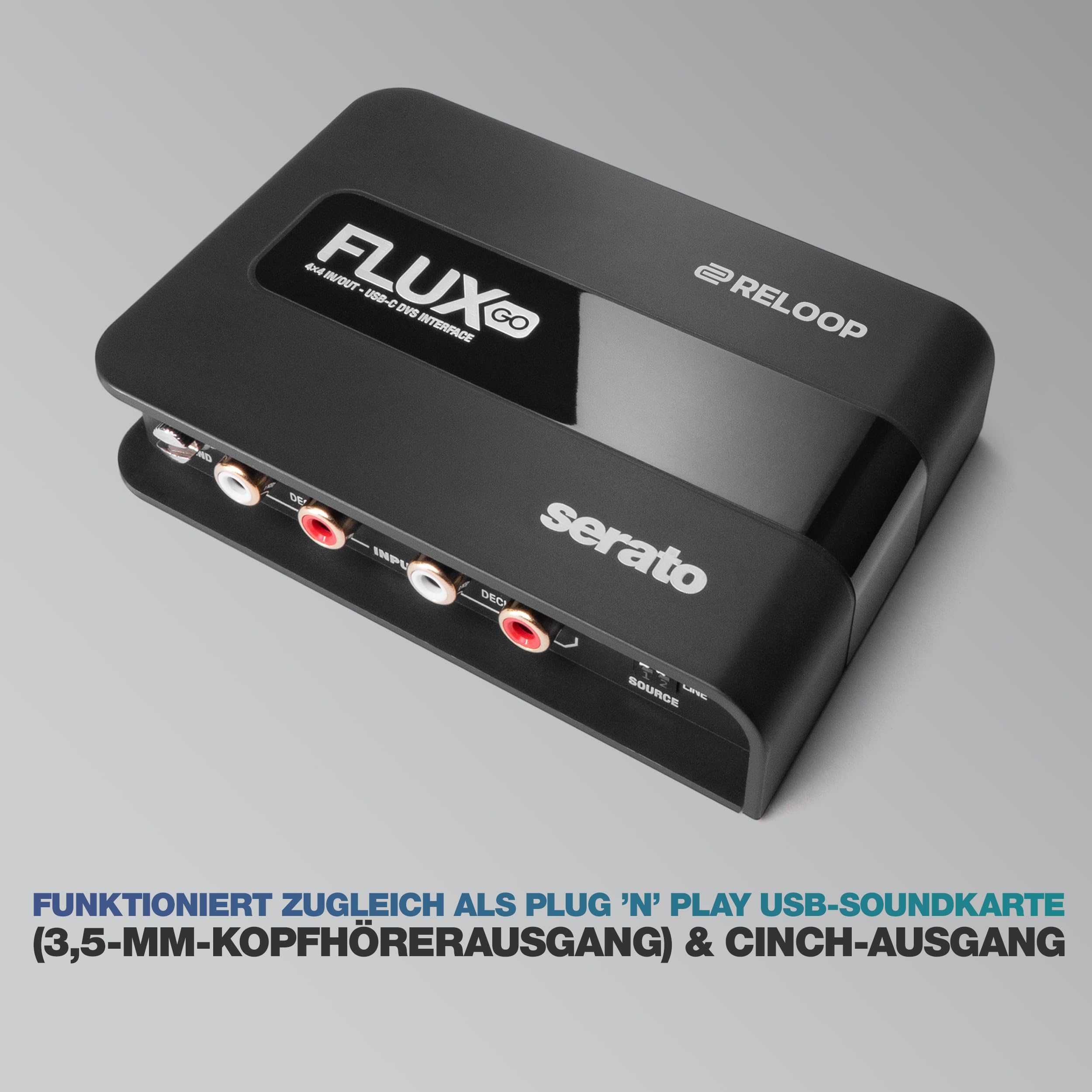 Reloop Flux Go - Studio-Soundkarte mit 24-bit(class compliant) für kristallklaren Sound und ultra-niedrige Latenz