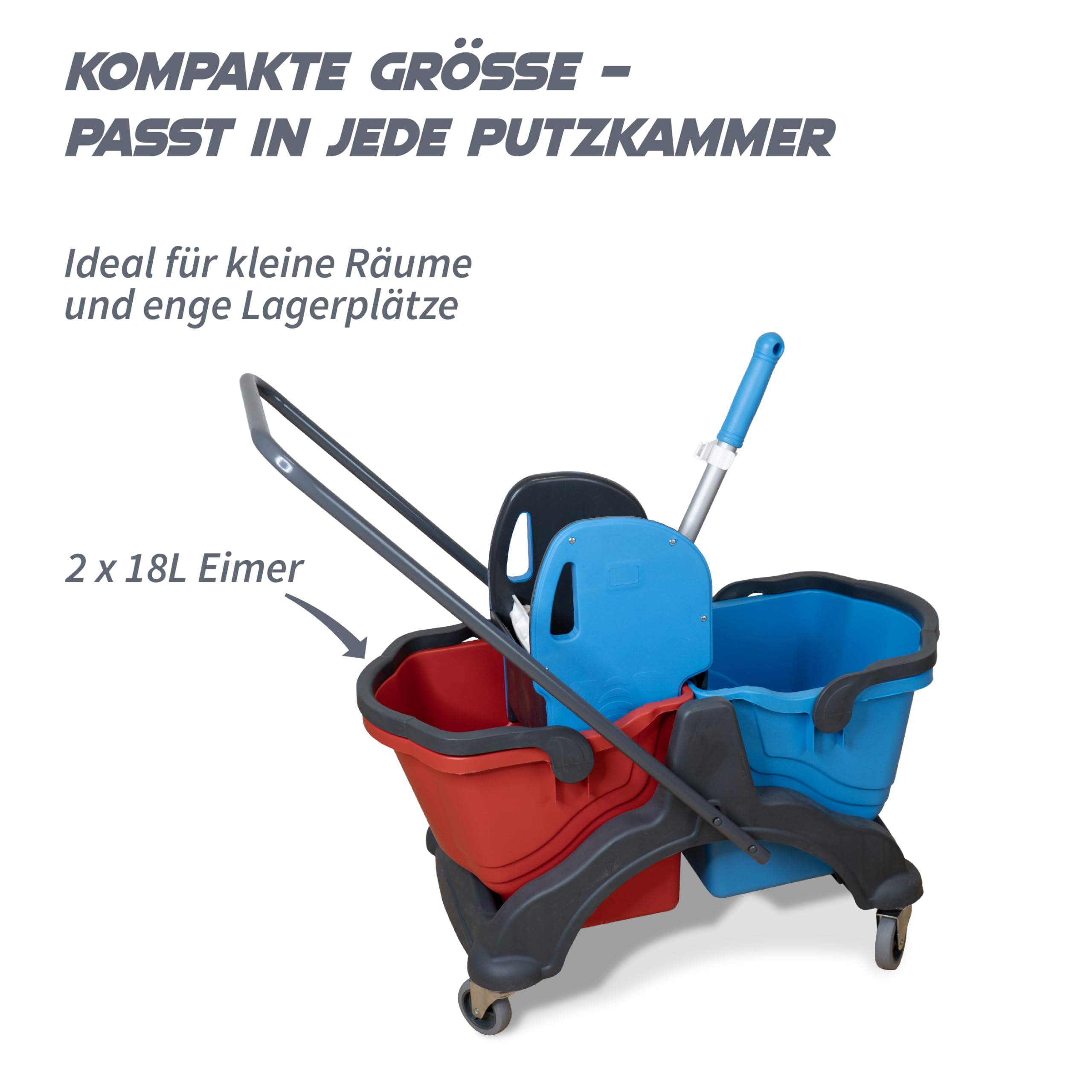 Putzwagen mit Wischmopp Presse Doppelfahreimer 2x 18L rot/blau für Gebäudereinigung