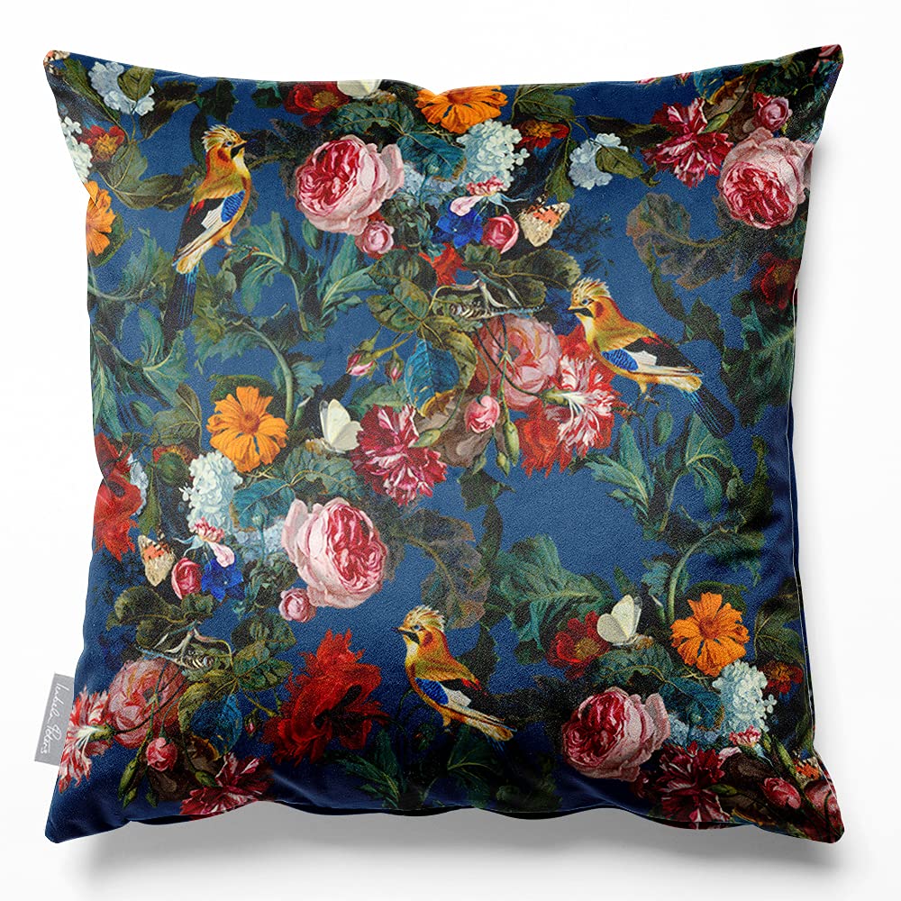 Izabela Peters Estate Blue Velvet Cushions - Filled, 50 Cm, Birds In Paradise - Chair & Sofa Seat Cushions