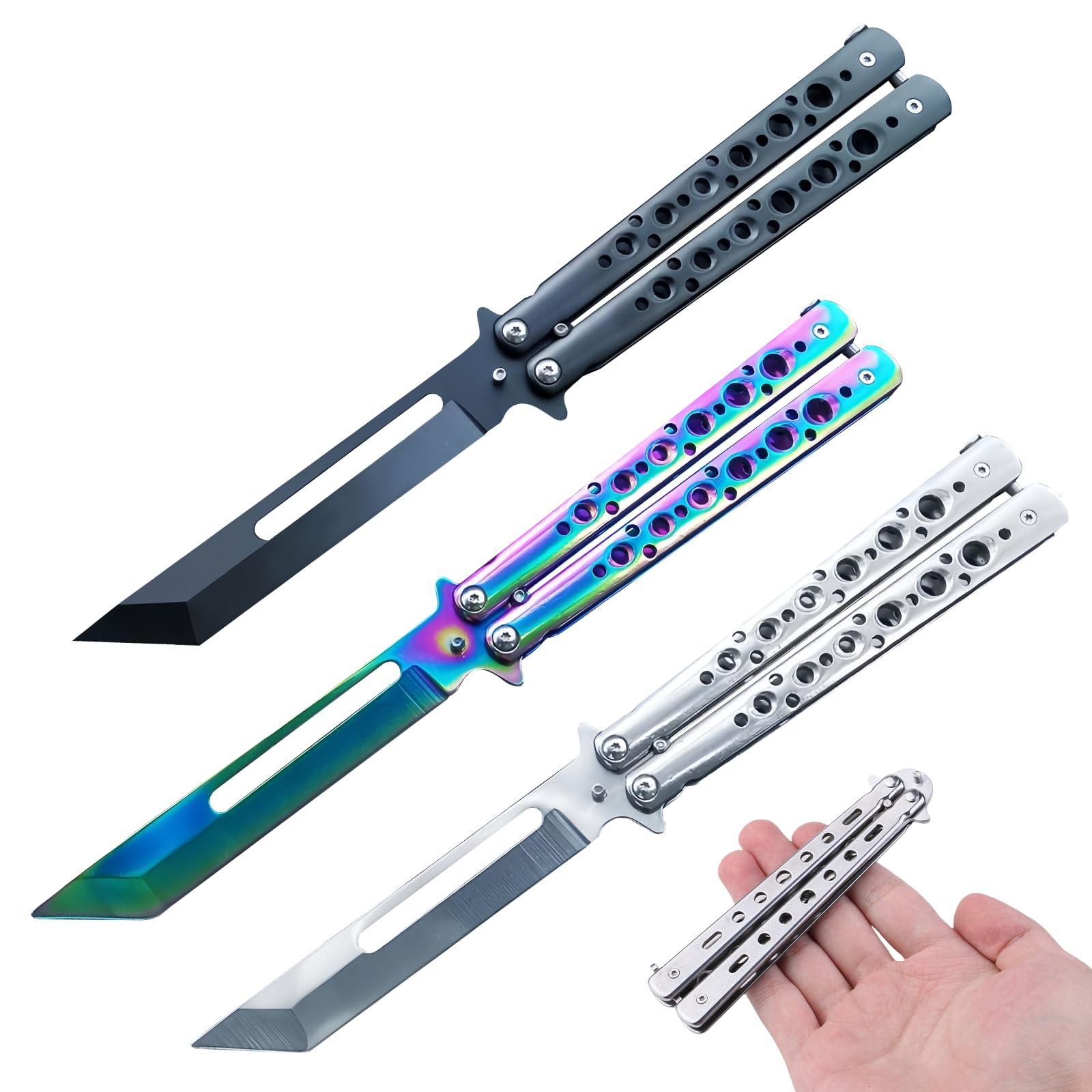 Navajas de Mariposa de Acero Inoxidable para Practicar, Cuchillo de Flipping para Principiantes (Negro)