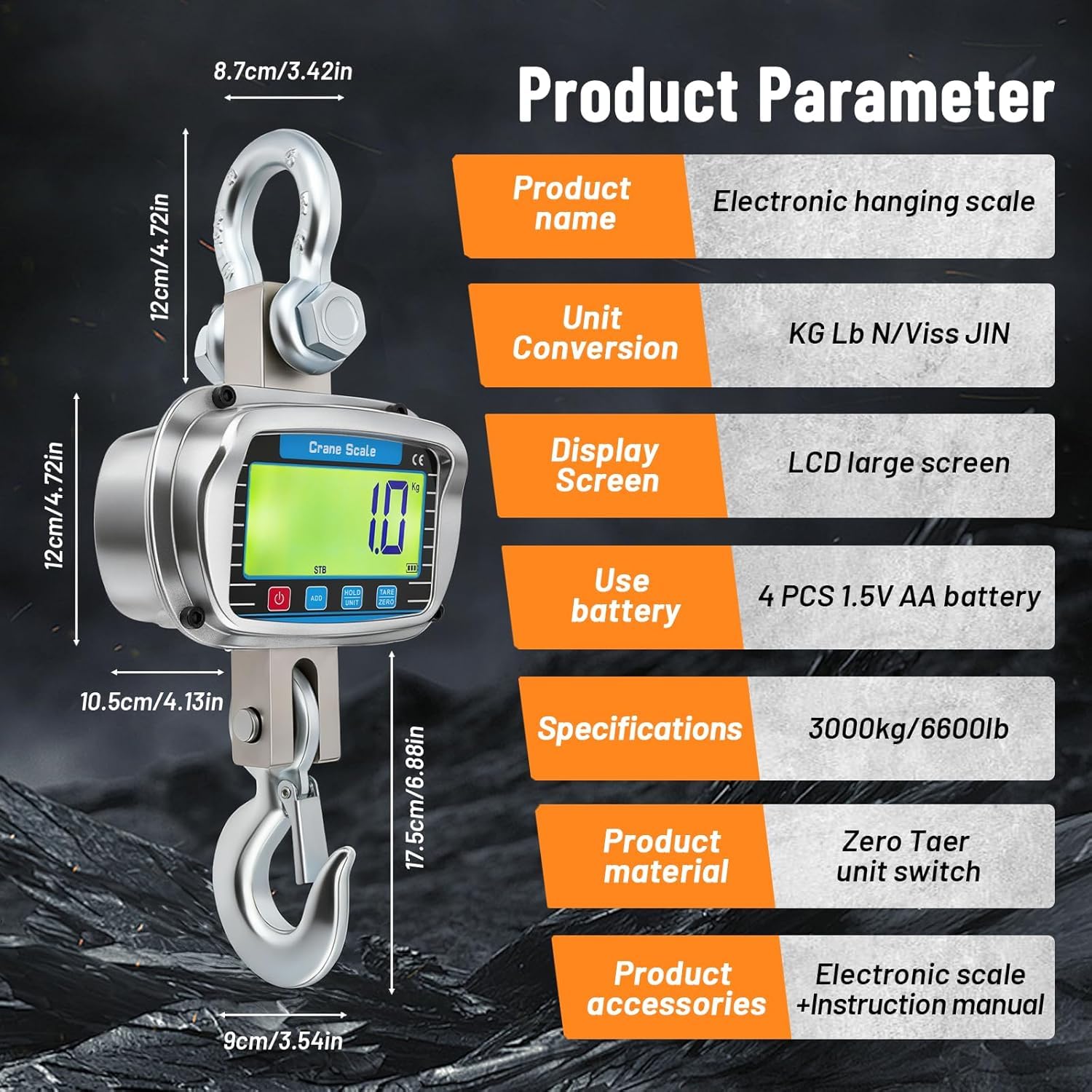 Bilancia per Gru 3000KG, Bilancia da gru digitale, Pesante Bilancia Industriale con sensore di precisione, ampio schermo LCD e telecomando, Visualizzazione della temperatura e dell'umidità(Silver)