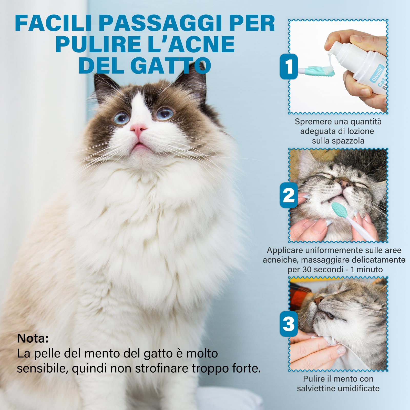Kit Detergente per Punti Neri del Gatto, 120 ml – Trattamento Delicato ed Efficace per l'acne del Mento con Spazzola in Silicone 2-in-1