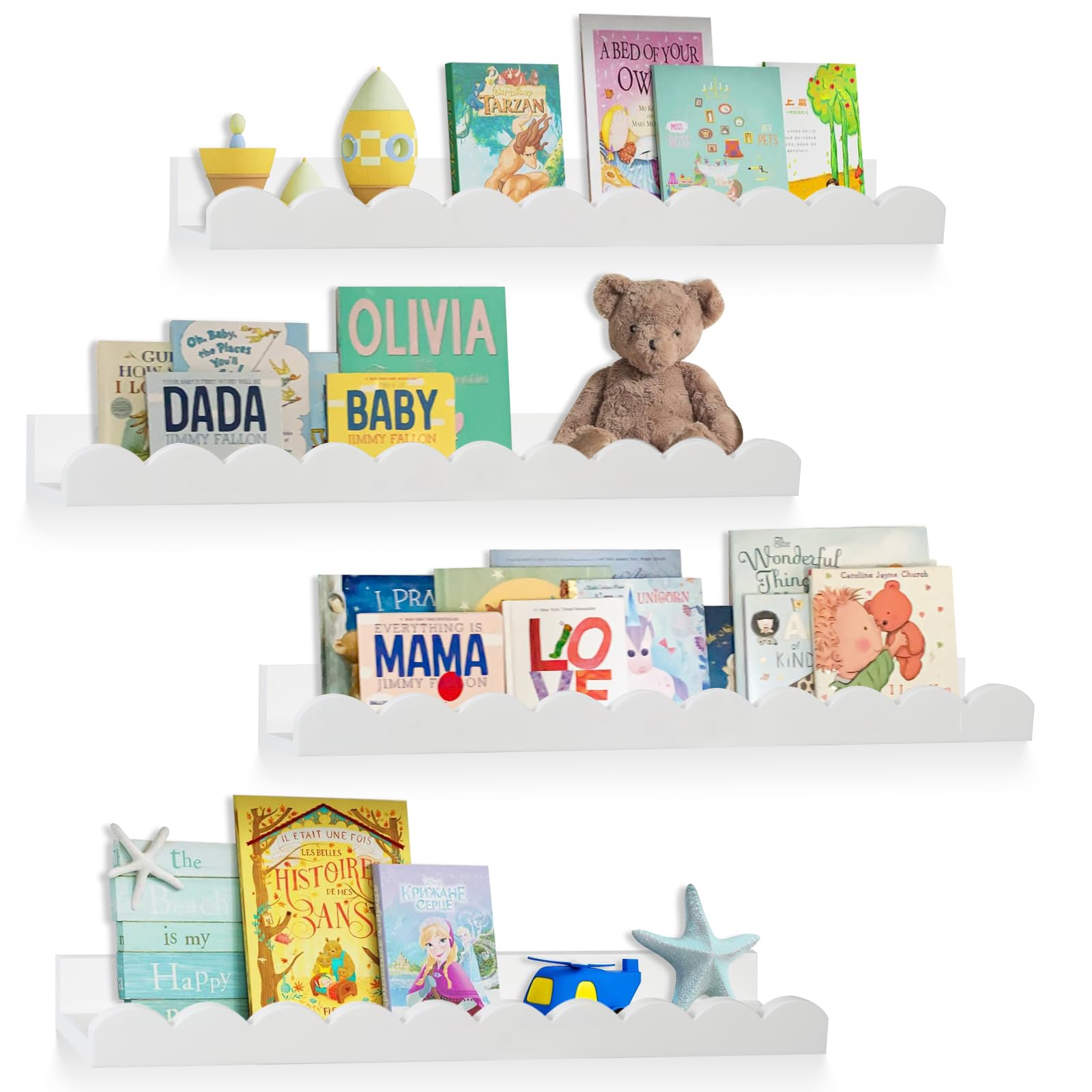 Dongxw Nursery Book Shelves Set of 4, White Floating Shelves for Wall, Kids' Bookshelf Nursery Book Shelves Decor, Scalloped Shelf Hanging Storage Racks for Baby Toddler Children Room Decor