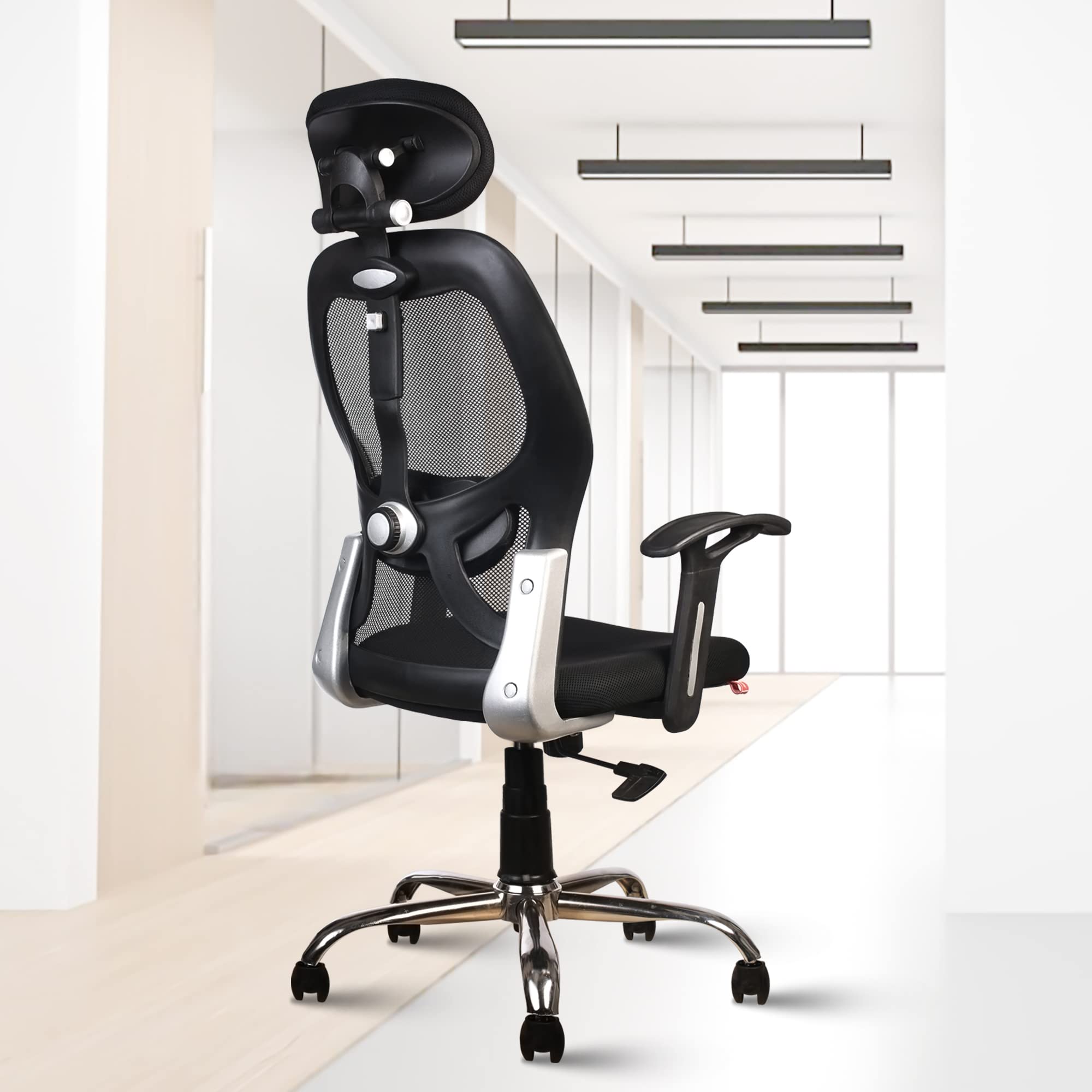 Platinum | 3 Years Brand Warranty | Premium High Back Mesh Office Chair with Adjustable Headrest, Lumbar Support & Swivel Wheels | Ergonomic Executive Chair for Study & Work (Black)
