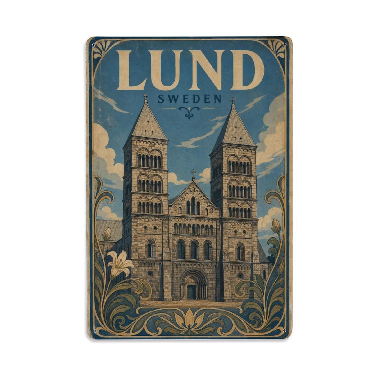 Vintage Travel Sweden Lund Metal Tin Sign