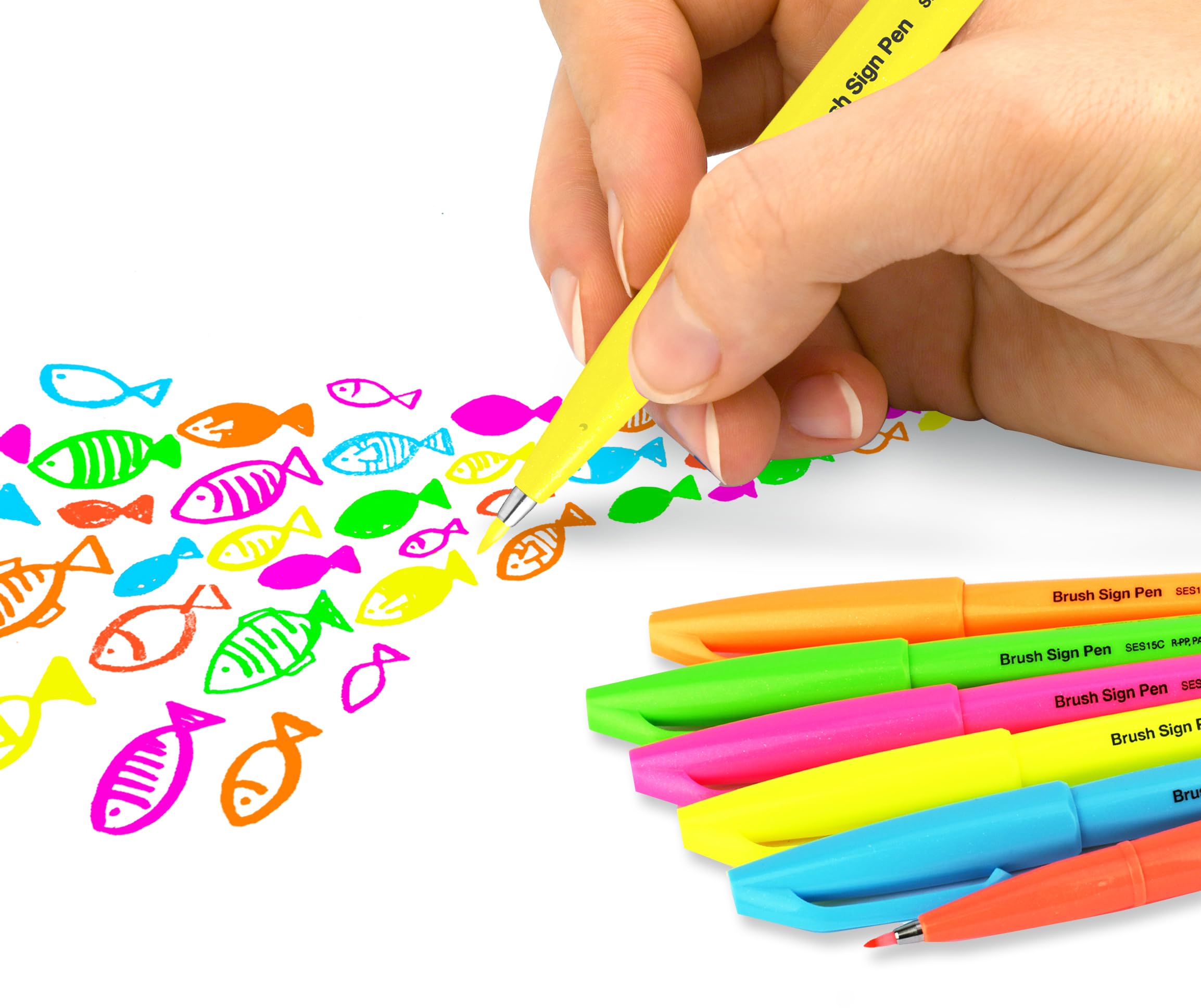 Pentel SES15C-FPX Brush Sign Pen Neon Pink Fibre Tip Brush Like Tip Pack of 10 - Image 4
