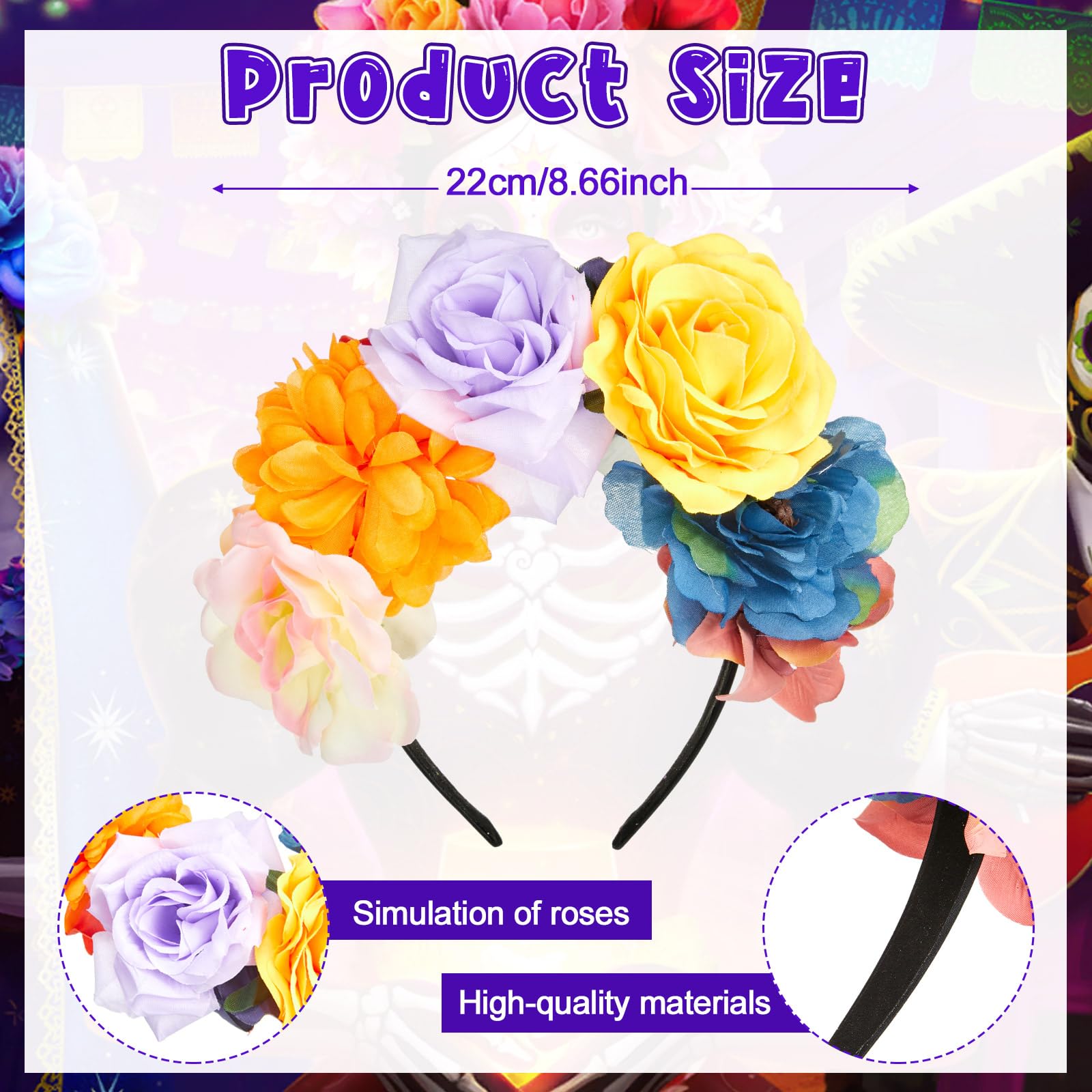 Rose Flower Crown Headband Handmade Polyester Colorful Festival Party Accessory Rose Hairband Carnival Accessories Simulated Flower Ribbon  main image 3