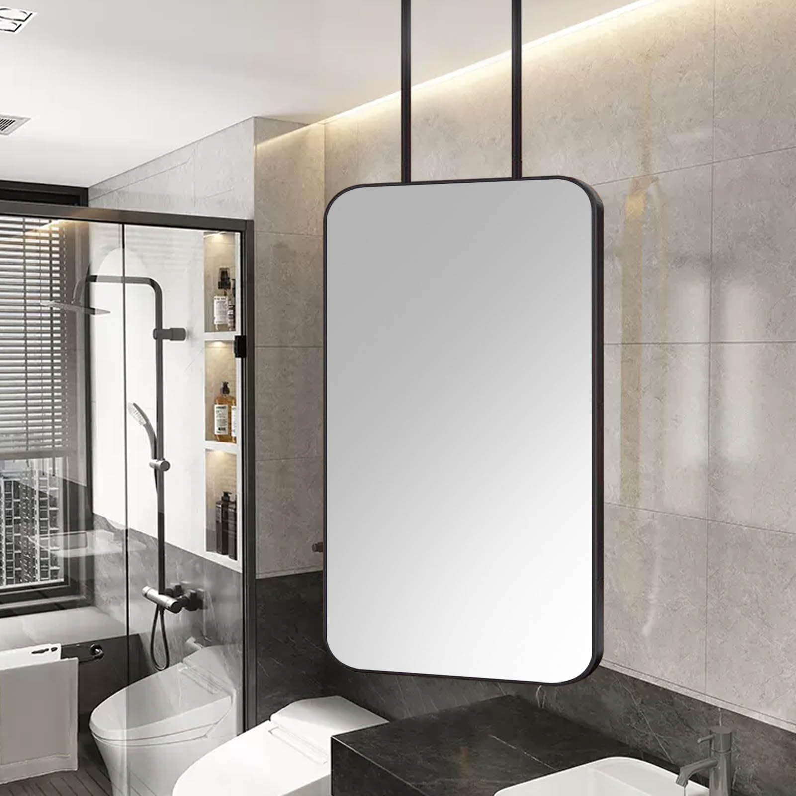 SXFSDOU Modern Black Hanging Pole Mirror, Metal Framed Rectangle Bathroom Mirrors Suspended Makeup Mirror for Wall Shaving Easy Assembly(40cmx70cm)