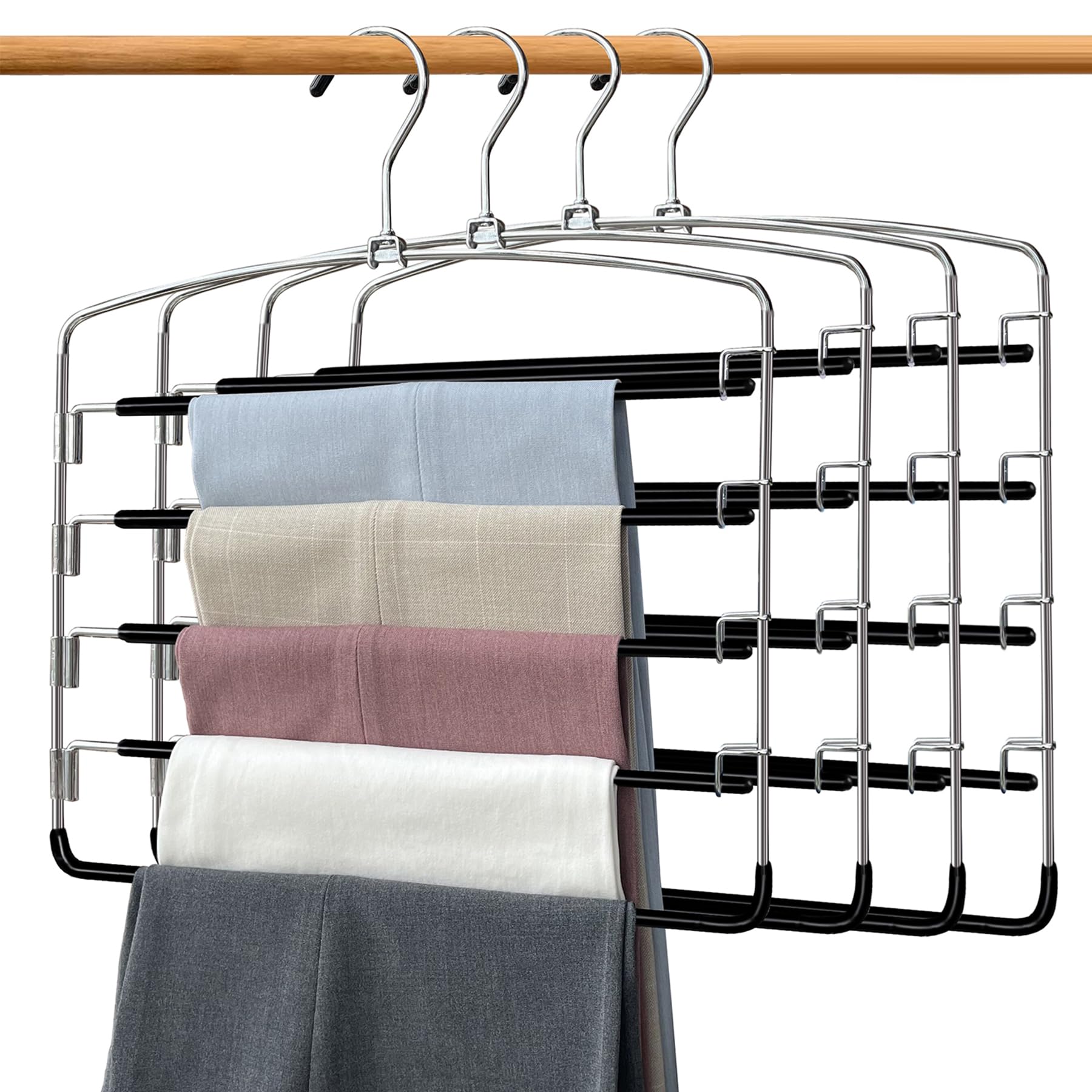 feasteery Schwingarm-Kleiderbügel, 5-stöckig mit rutschfestem Hosenregal, Schrank-Organizer für Hosen, Jeans, Krawatten, Schals, 4 Stück