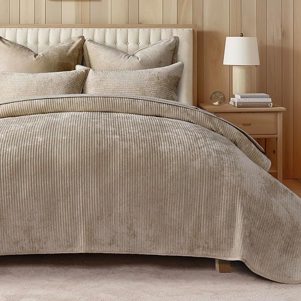 EverGrace Striped Channel Velvet Quilt Set, King Size, Urban Taupe