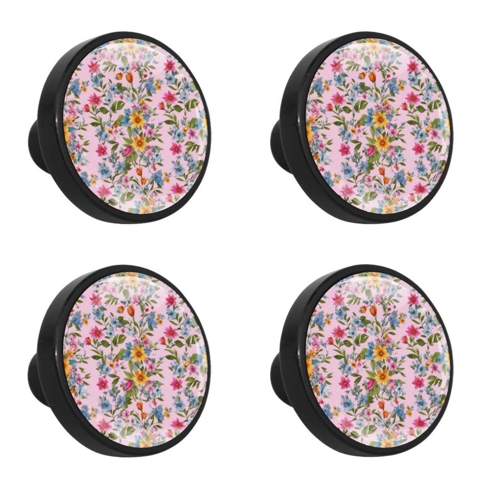 NUEAHEDN 4 PCS Aesthetic Colored Flowers Cabinet Knobs, Bathroom Drawer Pulls Handles, Round Dresser Knobs Door Knobs for Kitchen Cupboard Nursery Wardrobes