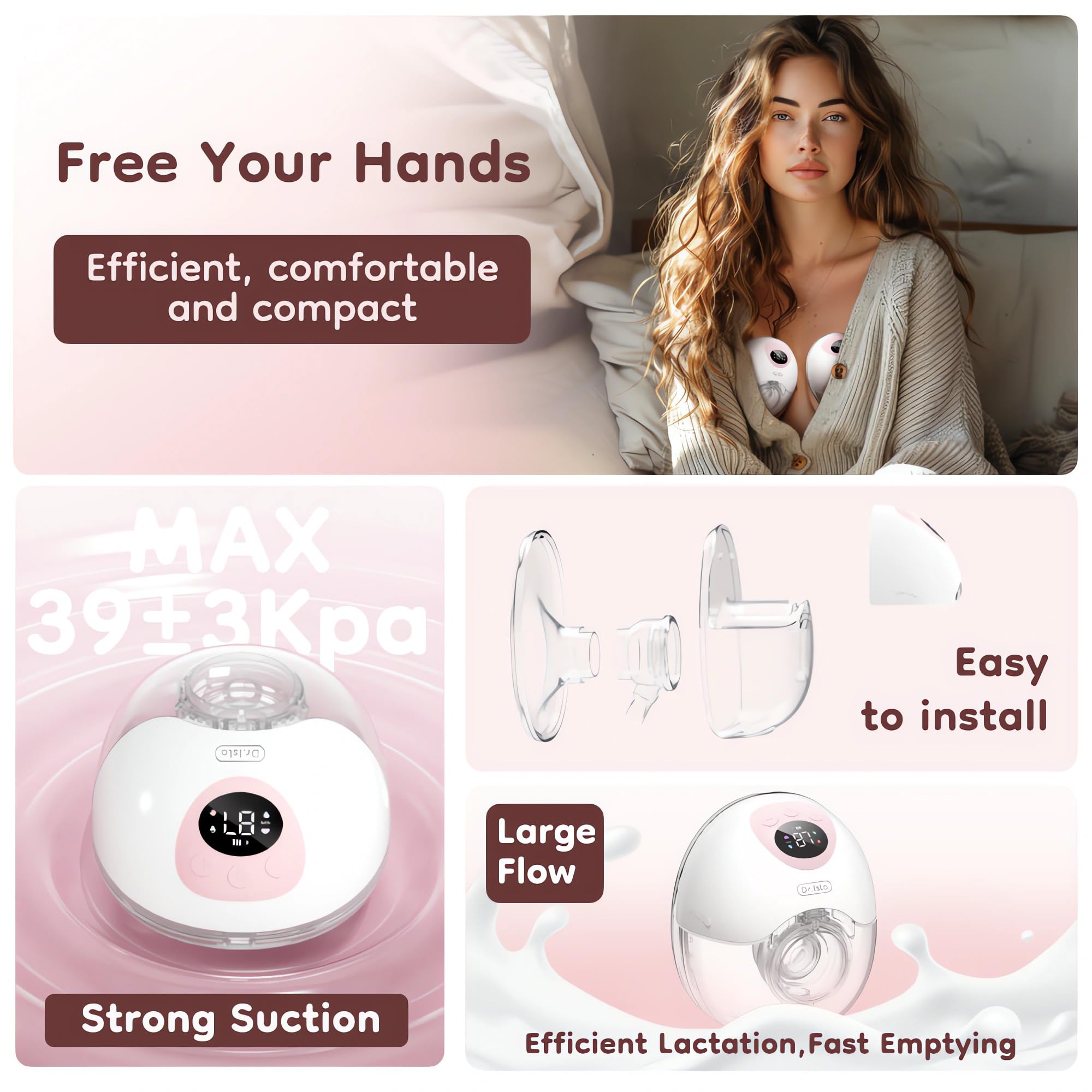 Dr.isla Tire-lait électrique portable, 3 modes et 9 niveaux, léger, 230 g, mains libres, ajustement confortable, silicone sans BPA (bleu)