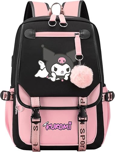 UMocan Kuromi - Bolsa de libros con puerto de carga USB, para estudiantes, casual, para computadora portátil, diseño de anime, mochila de viaje,