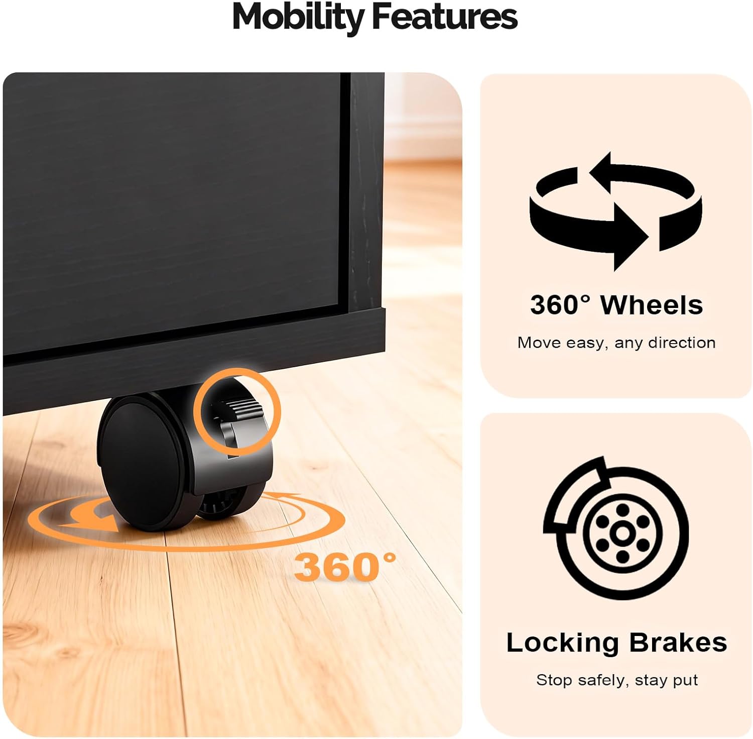 VINGLI 5 Drawers Mobile File Cabinet with Wheels, Under Desk Storage Organization, Vertical Filing Chest Rolling Wood Small Desk Printer Stand for Home Office, 19" W × 15.8" D × 25.6" H, Black