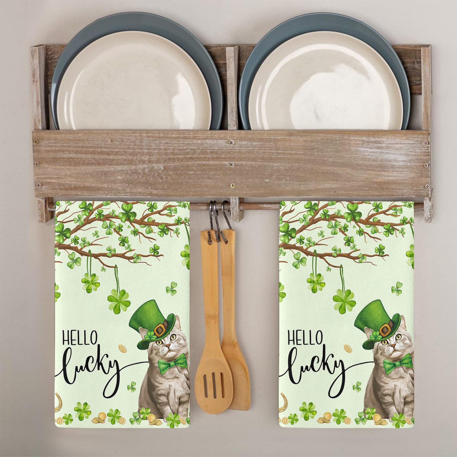 Strofinacci Cucina Gatto Verde Foglia Canovacci Cucina Assorbente Microfibra Morbido e Lavabile Asciugamani Cucina Decorativi per Bagno Ristorante 4 Pezzi (40x60 cm)