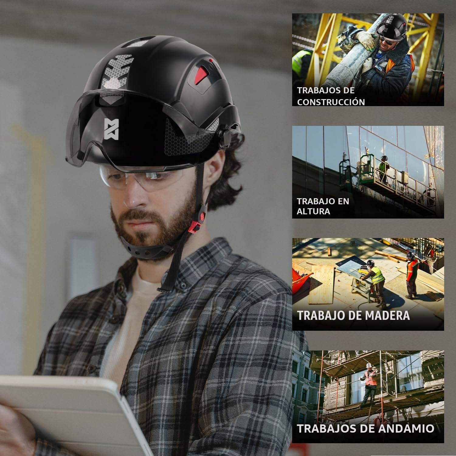 HEARMOR Casco de seguridad para casco de protección de obras, EN 397, casco de trabajo ventilado para adultos, sistema de trinquete ajustable con visera opcional en transparente y ahumado