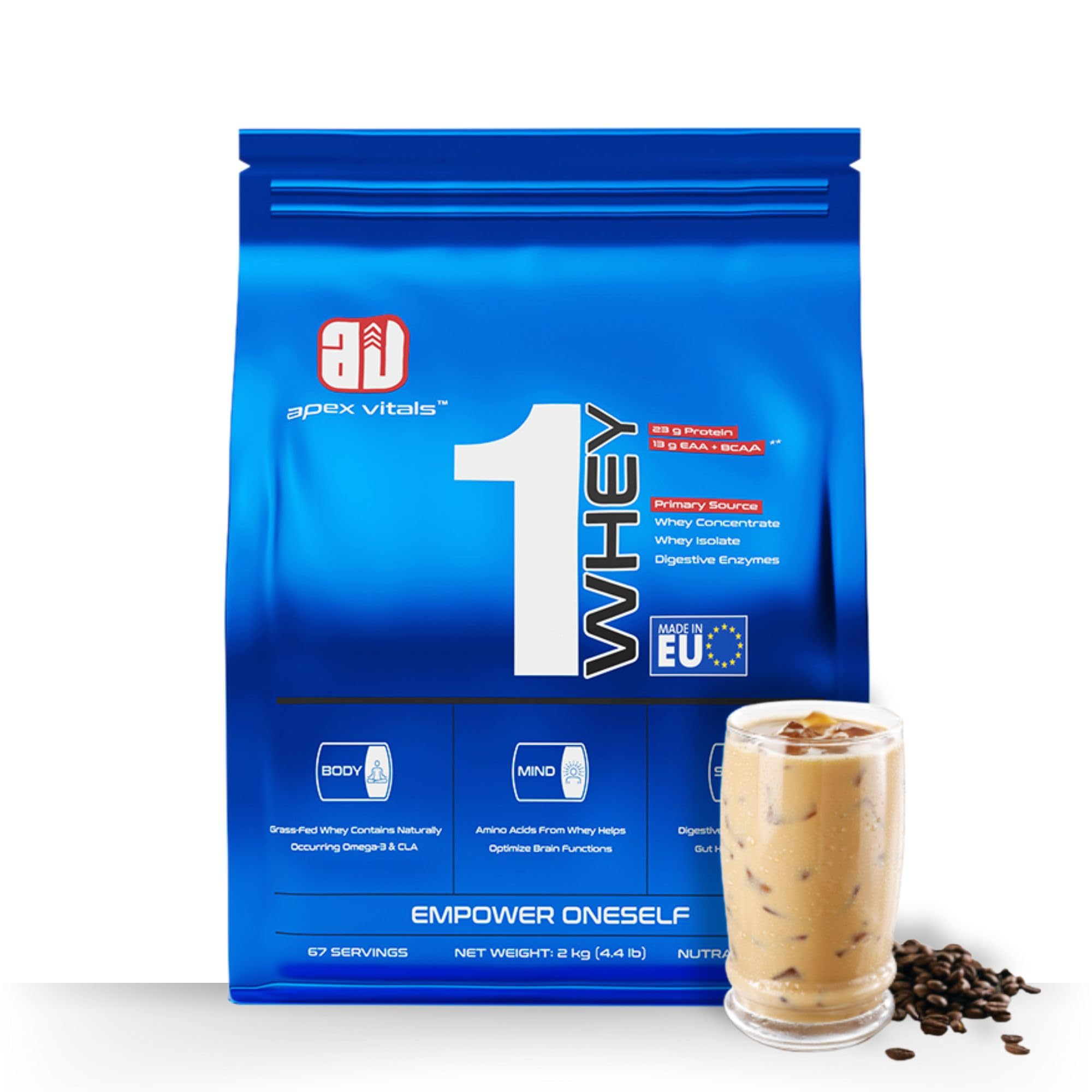 Apex Vitals 1 Whey - Grass-Fed Protein Powder |60% Concentrate & 40% Isolate | 13g EAA & BCAA | Post-Workout Recovery |Digestive Enzymes | EFSA & FSSAI Certified |Iced Espresso flavor - 2 Kg (B0BY8CKQ97) Amazon Price History, Amazon Price Tracker