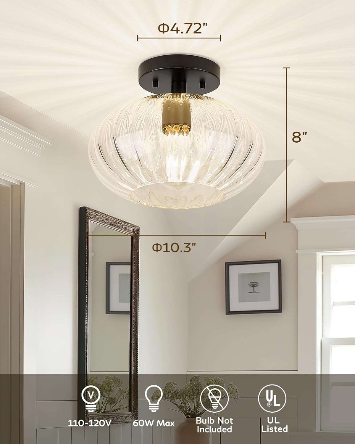 FEMILA Black Semi Flush Mount Ceiling Light, 10.3" Ceiling Light Fixtures for Kitchen Island, Bedroom, Living Room, with Dome Glass Shade, E26 Base, 4FYD85F BK