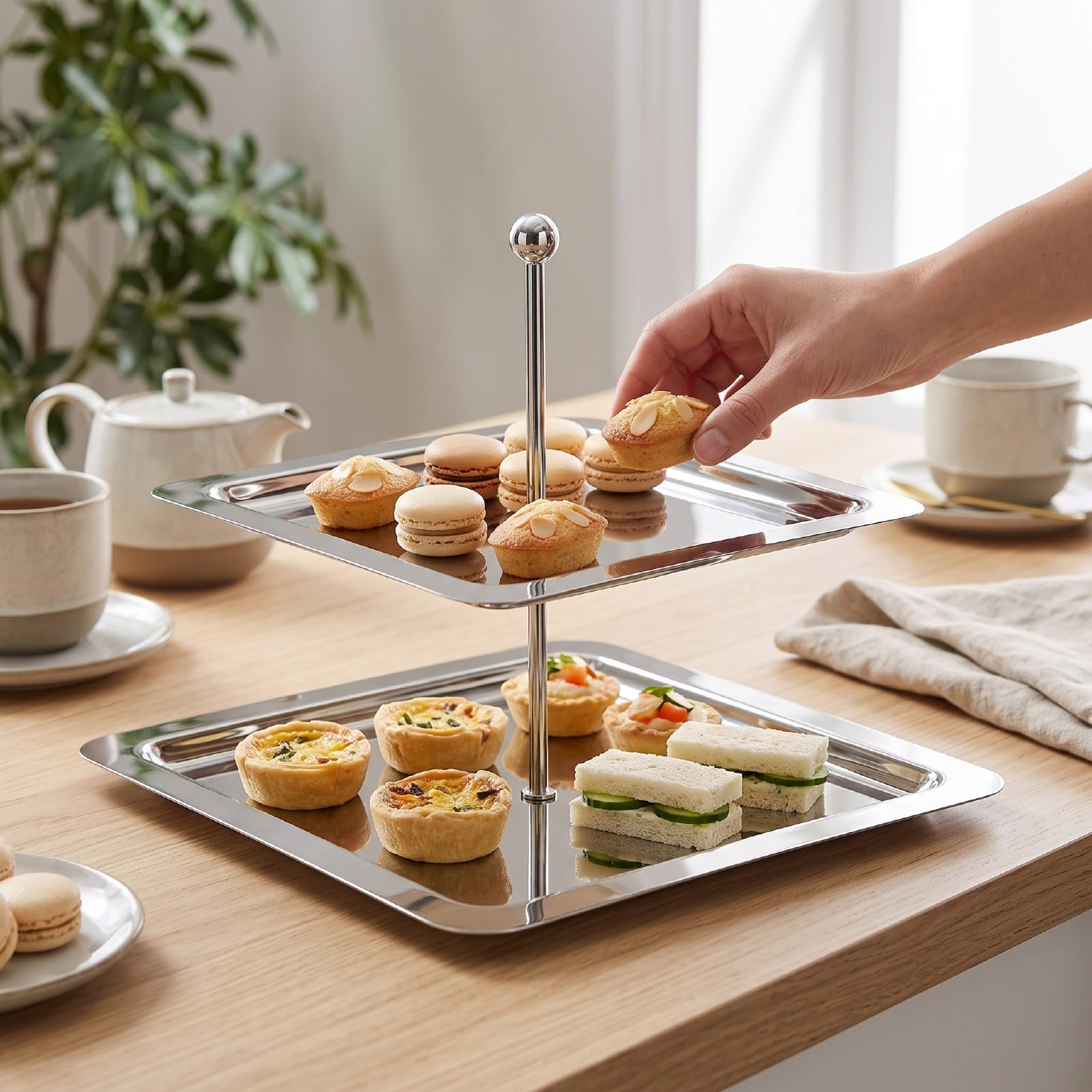 2 Livelli Porta Dessert in Acciaio Inox, Vassoio Servizio Cupcake